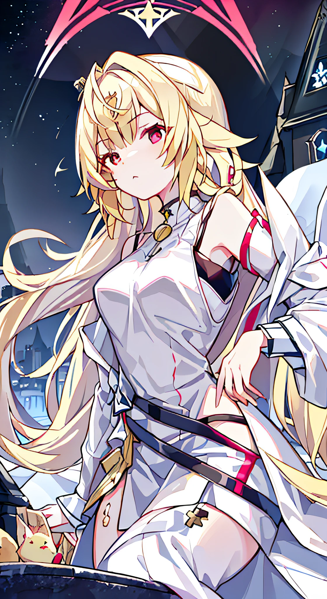 ((tmasterpiece,best qualtiy,4K,gelbooru,Pisif,best qualtiy,Hyper-detailing)),warmly lit,1 woman,Young adults,Beautiful young woman,((Princess braids,Hairy bangs,long whitr hair,coiffed blonde hair)),((fox ear)),((red color eyes,sharp sharp eyes)),small boobs,starrysky,scowling,detailed city background,((Sexy white wedding dress)),((adorable and fluffy, very fluffy,Tucked into a black sleeveless sweater)),((Sit at the top of the church tower,night city on the background,bird's eyes view)),Very modern futuristic environment