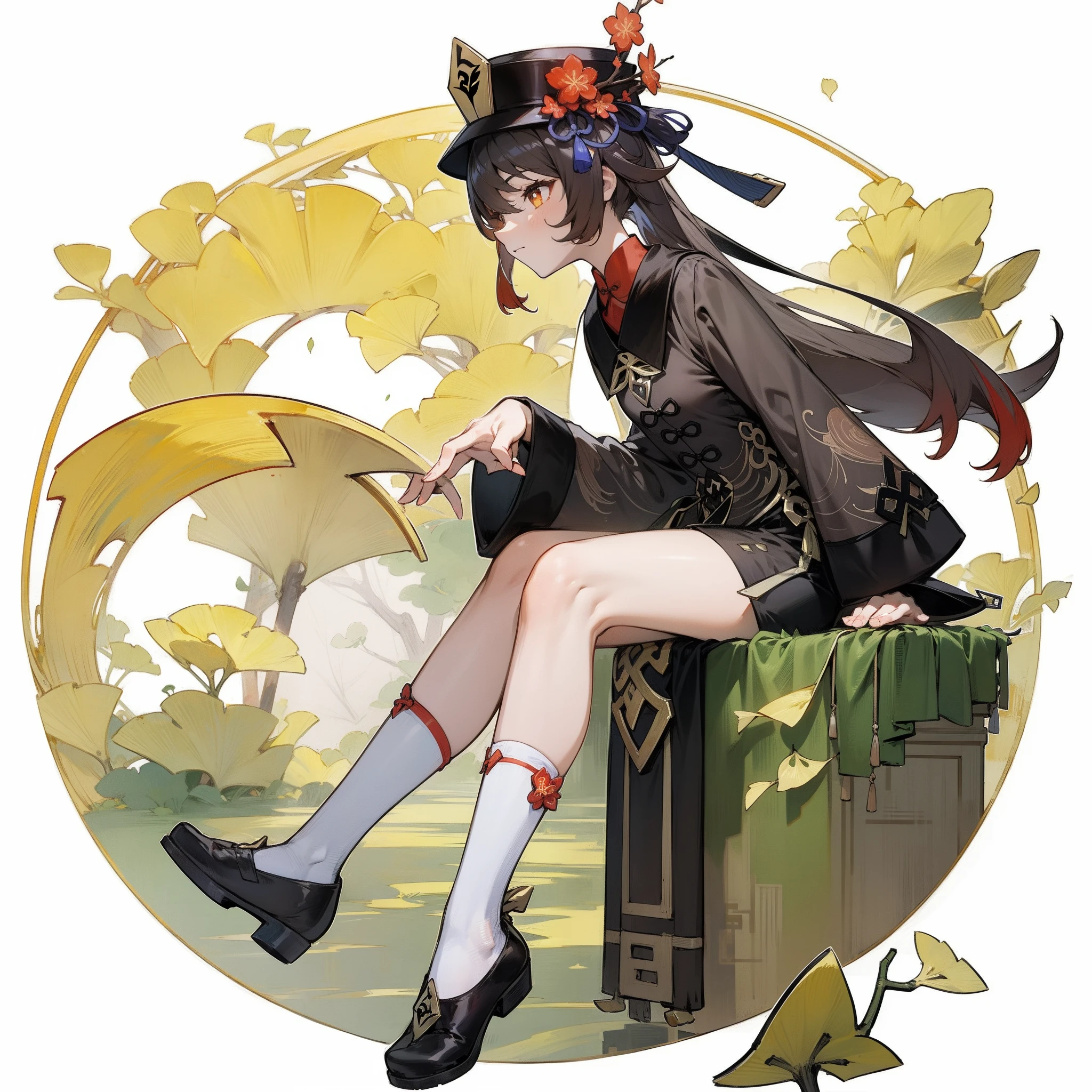 yellow Chinese ginkgo biloba leaves pattern white background, Hu tao from genshin impact, casual outfit, hands on the back, facing sideway, sitting, circle in the middle, long hair