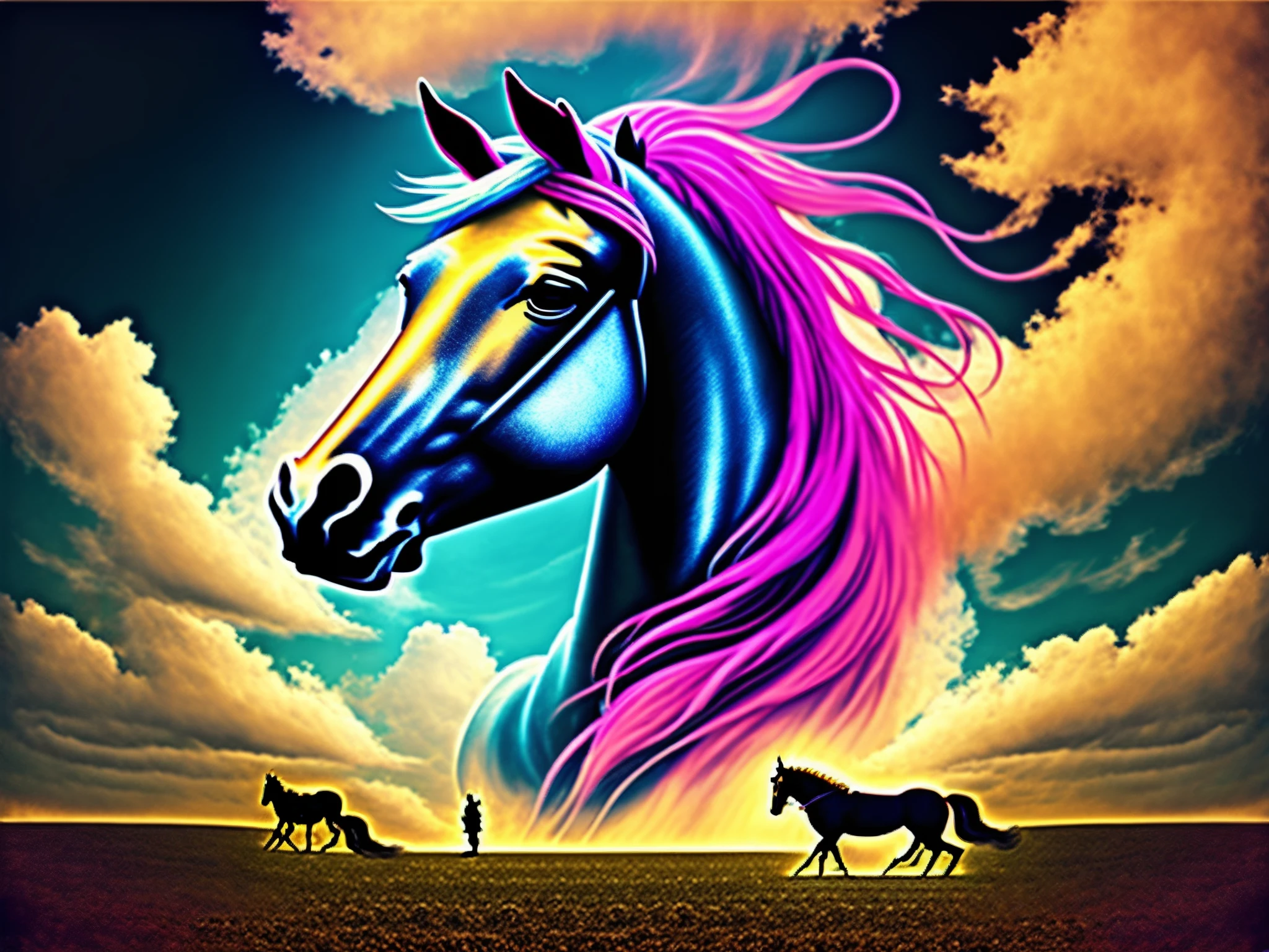 Pink Floyd cover style，Golden-maned horse，Iron and steel，people，Blue clouds