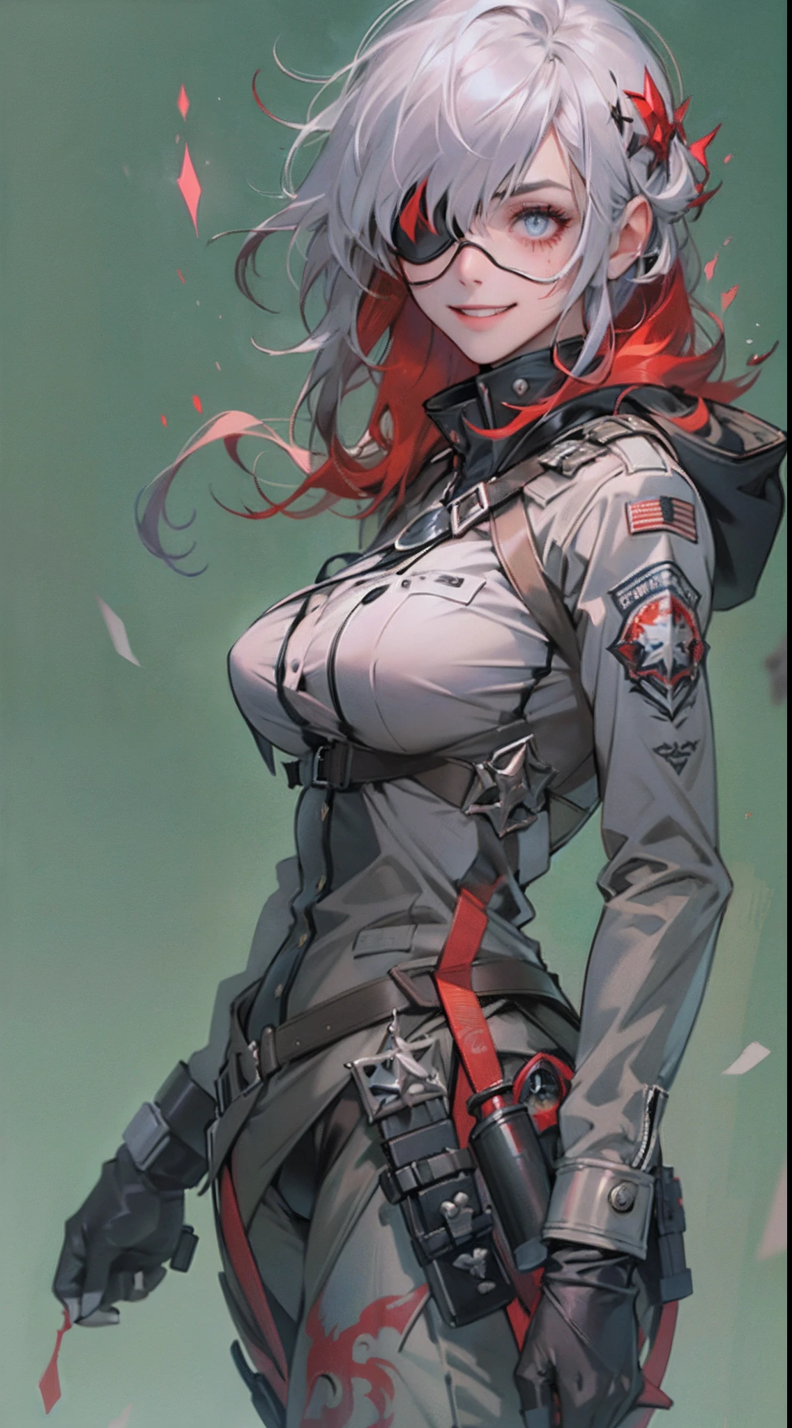 (1 beautiful woman)、(abnormally large breasts)、(Military uniform with red cyberpunk hood all over the body:0.6)、(Red aura emanating from clothes:1.5)、(Military equipment:1.2)、(White hair)、(an eye patch:1.3)、(30-years old)、(confident grin:1.2)、(Dark hair)、(Top image quality)、(8K picture quality)、(masutepiece)、(Full body photo:1.3)、cinematric light, Cinema Shadow, Sharp Image, Extremely detailed,、beautiful effects, Muted colors, Highly detailed image textures, detailed hairs, Detailed face, Detailed eyes, Full body photo、Highly detailed image textures, detailed hairs, Detailed eyes、