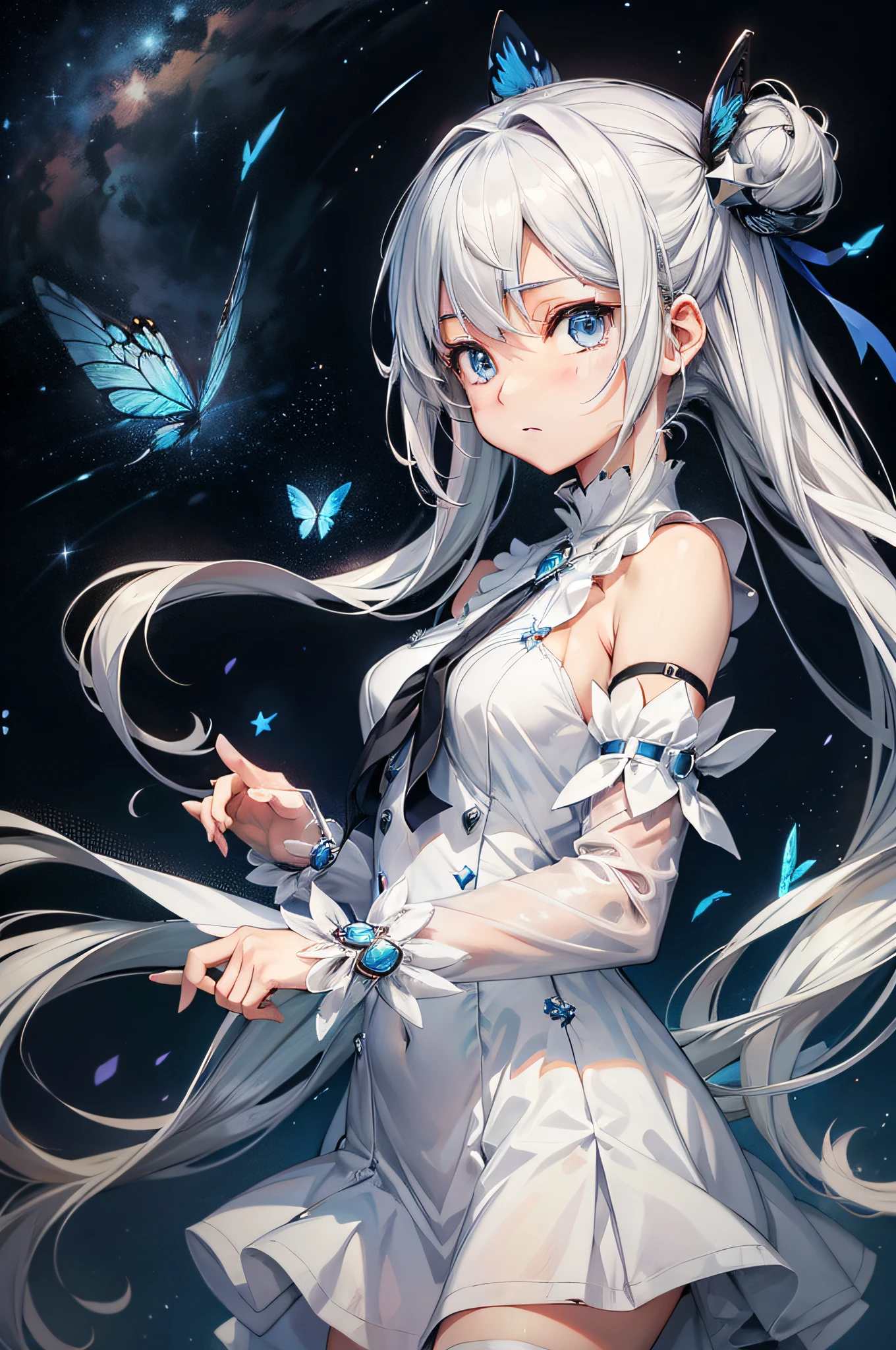 Anime, Anime style, nffsw, retinas, masutepiece, ccurate, Anatomically correct, Textured skin, Super Detail, high details, High quality, awardwinning, Best Quality, hight resolution,Anime girl with long white hair and blue butterfly in her hair, White Dress!! of silver hair, white haired god, zerochan art, Cute anime waifu in a nice dress, Girl with white hair, anime girl with cosmic hair, loli in dress, Star(skyporn) starrysky_skyporn, nightcore, perfect gray hair girl, Mikudayo,Sheer