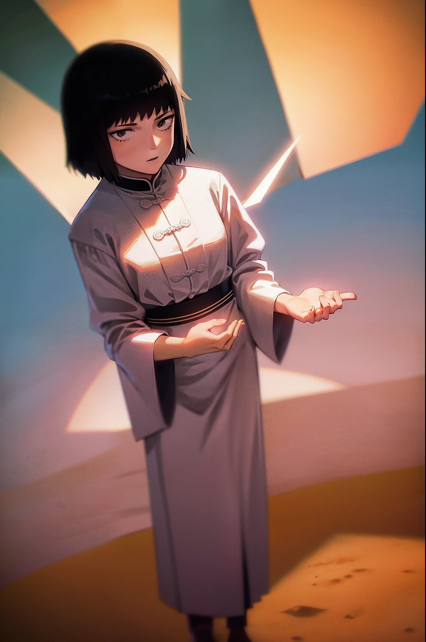 tome kurata, psychic power, thunder, magic, robe, tunic,, medium breast, full body, chinese cloths, standing
