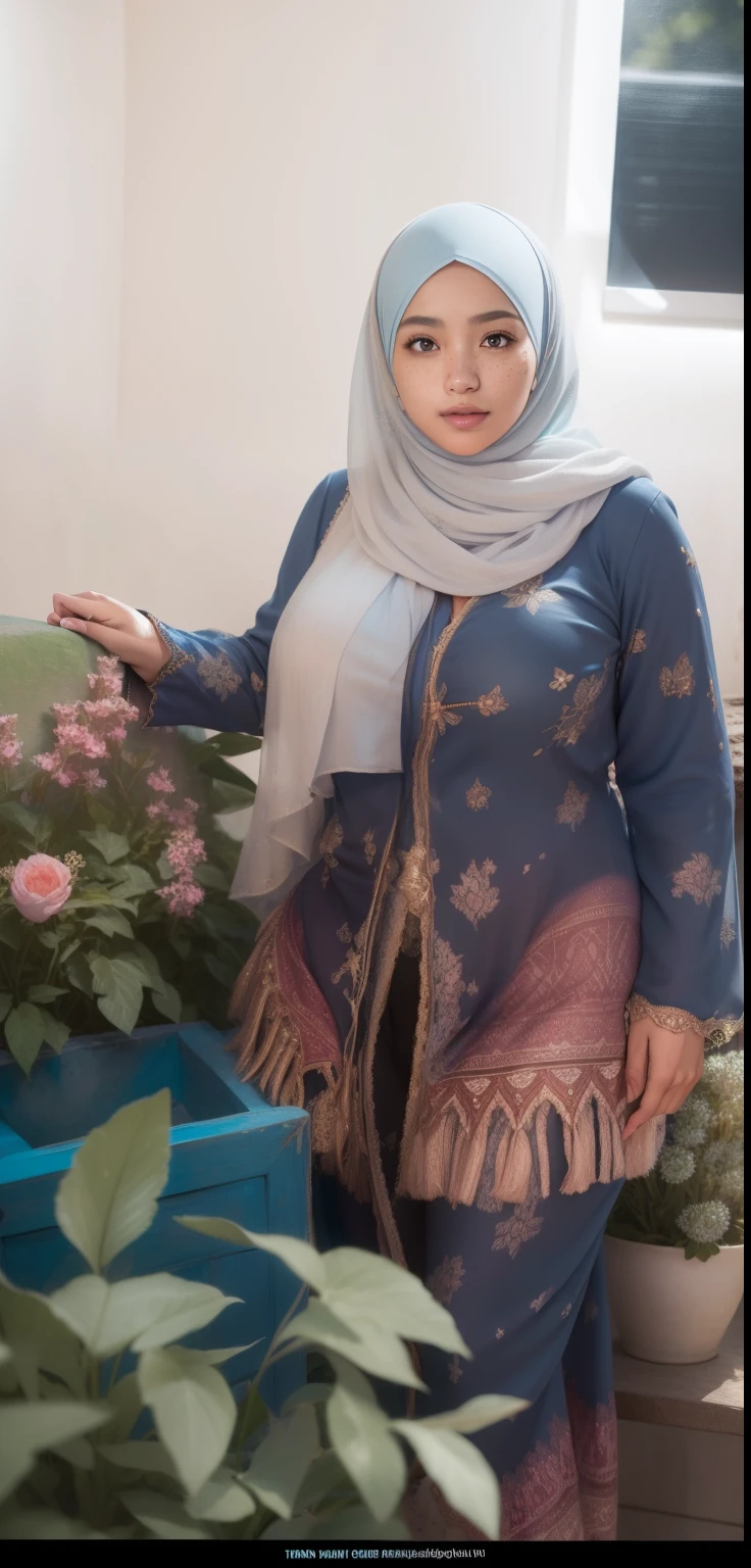 beautiful malay girl with hijab and few freckles, (light blue hijab), (medium shot portrait:1.3), dramatic light , Rembrandt lighting scheme, (hyperrealism:1.2), (8K UHD:1.2), (photorealistic:1.2), shot with Canon EOS 5D Mark IV, detailed face, detailed skin texture, show cleavage, big tits, thigh thick, beautiful body, squatting, show panties, happy face