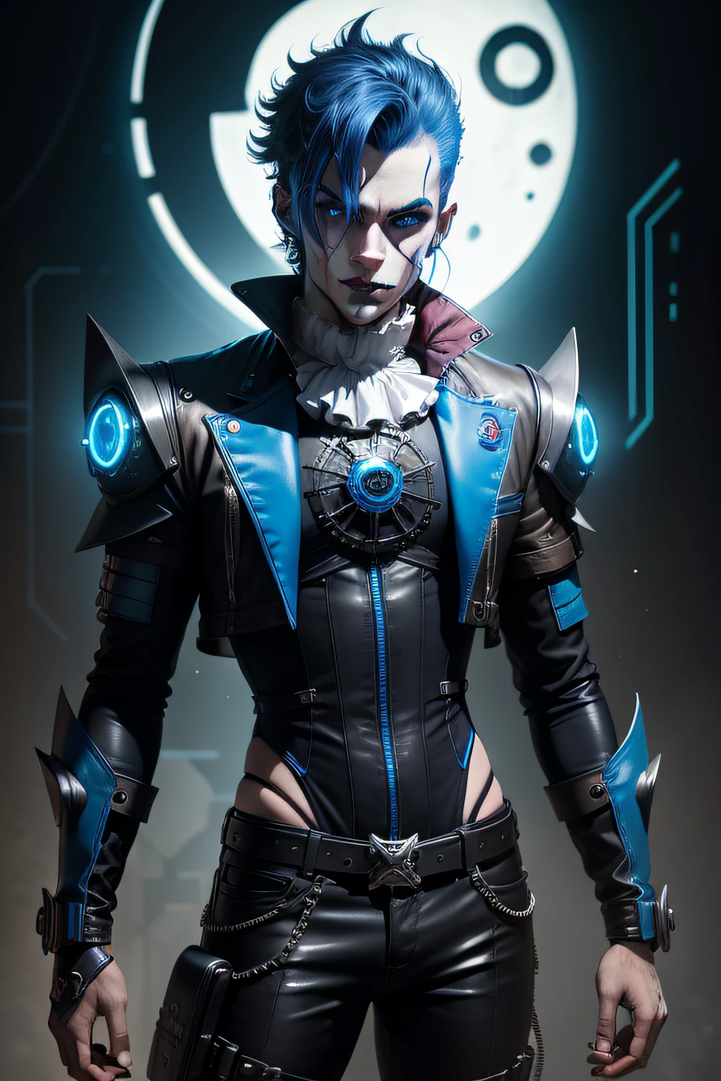 Mechanical style male clown,Gothic,makina,cyber punk perssonage,AI,Technologie,sci-fy,blue colors,