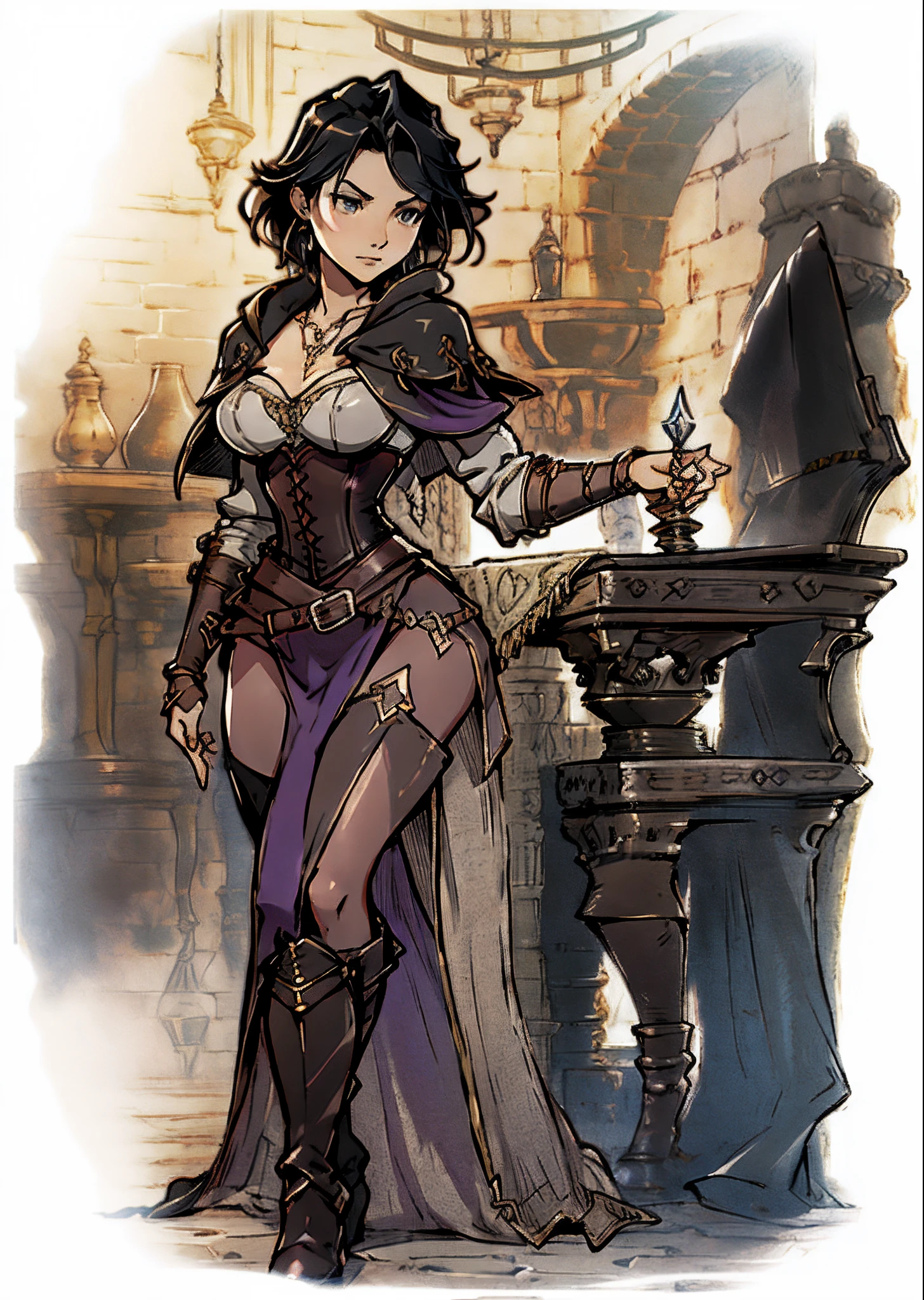 Game Art design, Octopath Traveler 2, 1girl, throne anguis, (solo:1.4), 1girl, black hair, medium breasts, cleavage, collarbone, corset, dagger, high heel boots, holding dagger, jewelry, knee boots, necklace, poncho short hair, side slit, dynamic pose, extremely detailed face and eyes, absurdes