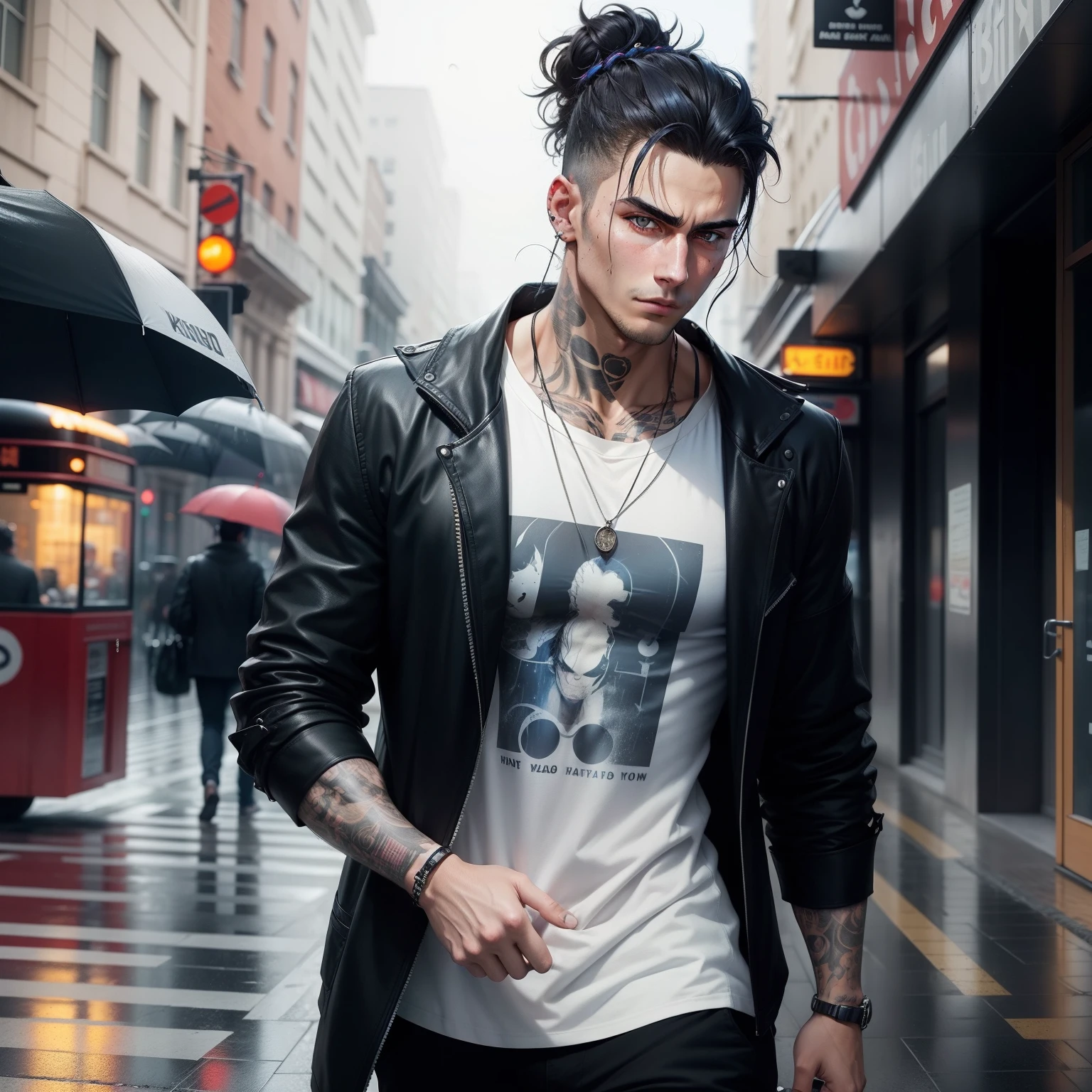 handsome guy, dark blue hair, caught in a messy bun, black eyes, piercings, walking on a busy street while it's raining, male
