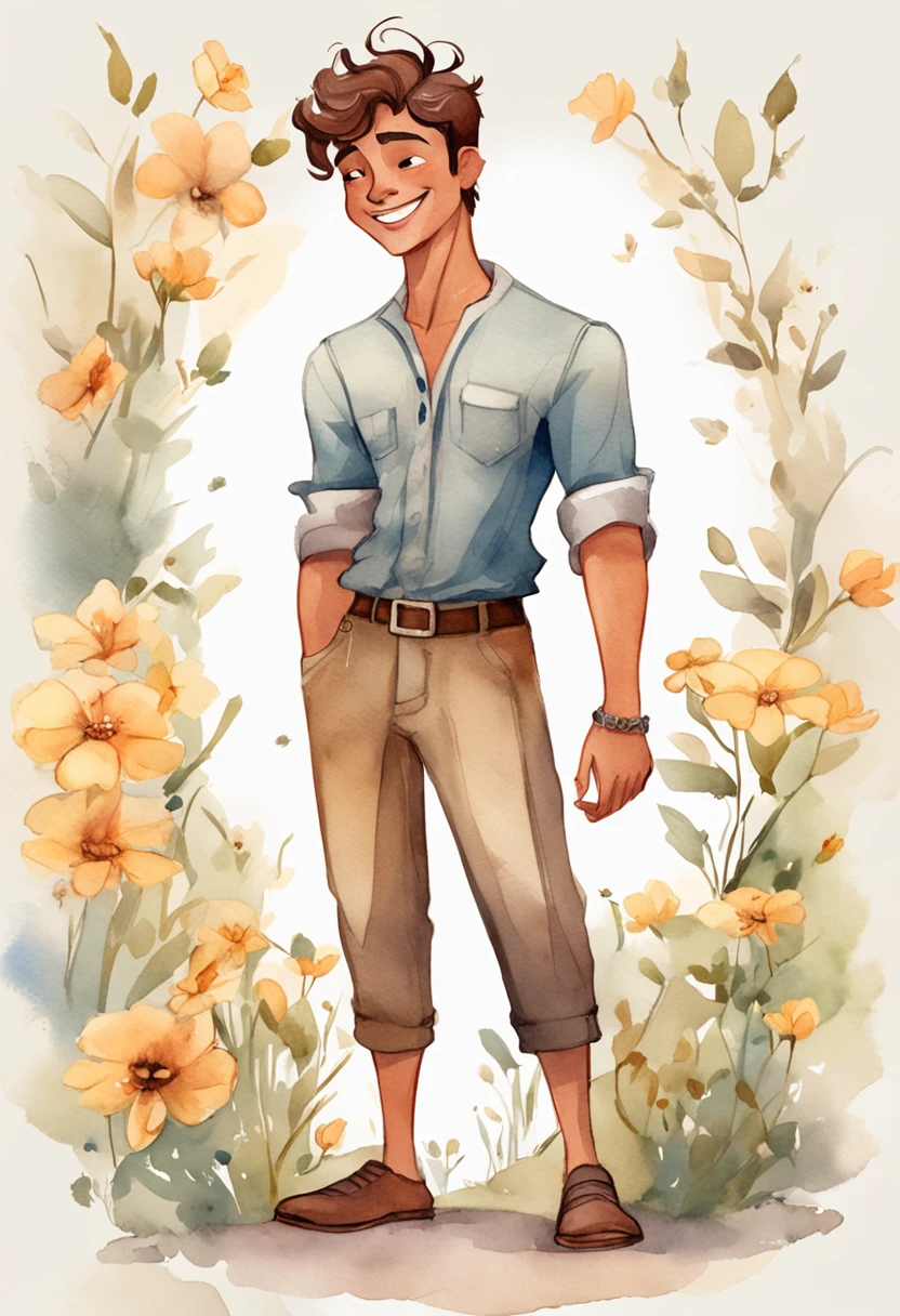 full body, whole body, Vintage watercolor pixar style, beautiful man with short brown hair, dark tan skin tone, happy face, head up, closed eyes , arms raised, a simple minimal art with soft colors, using Boho style, tale of fairy, realistic and detailed hair, not laminated, Disney movie m close-up of a cartoon character, cute detailed digital art, digital painting, high quality 8k detailed art, loish and wlop, Guweiz style art , cartoon digital painting art, cute digital art, detailed digital painting,