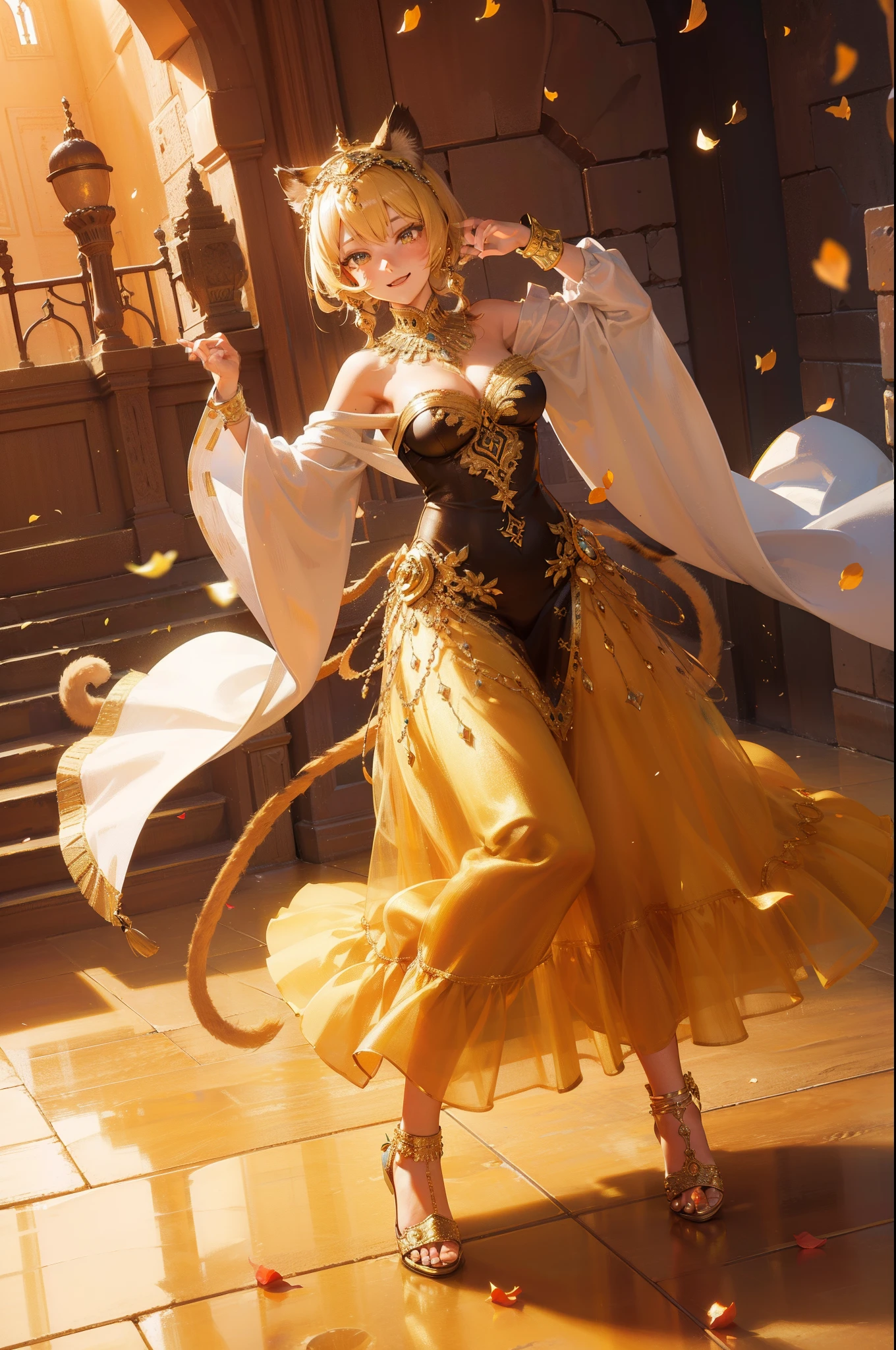(Masterpiece), (best quality), hight resolution, ultra-detailed, (hyper detailed background, Detailed background), highly detailed, photorealistic, 1 beautiful and gorgeous girl, (cat ears), off-shoulder, North African Islam, Alhambra palace, (Islamic Africa:1.2), Colorful, in desert, Long Long Platina Bond Shining Hair, Big yellow crystal eyes, smile, ((dancing Arabian dance)), light, broken glass, a girl with a pet lion, (shining brightly), ((dazzling)), (floating a lot of flower petals, ((3D)),
