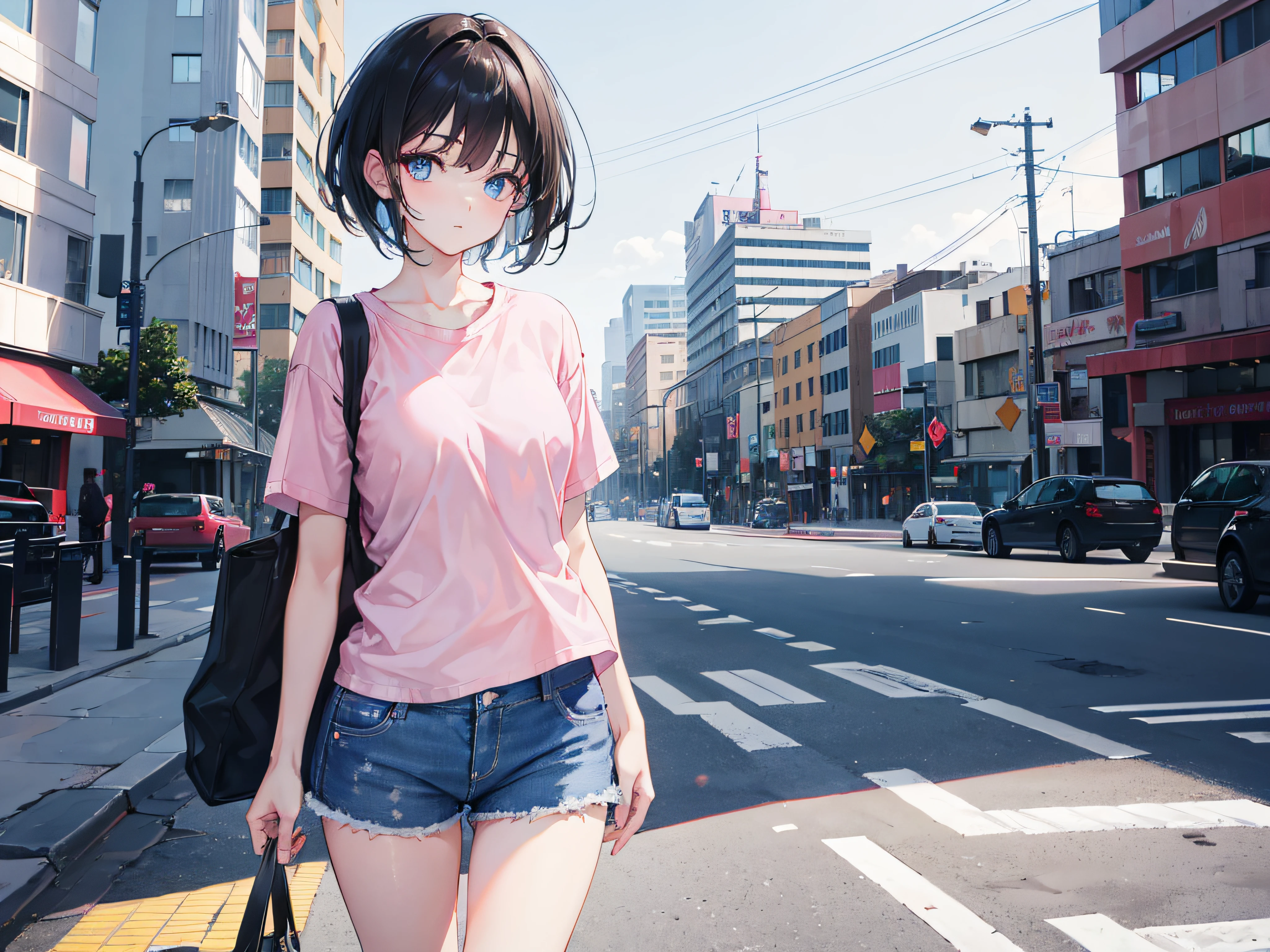 1girl, short black hair, blue eyes, wearing plain pink shirt, denim shorts, city, absurdres, high res, ultrasharp, 8K, masterpiece, looking at viewer