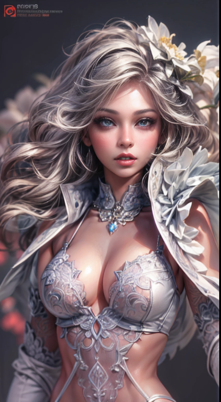 "Female with intricate lace attire, captivating eyes, voluminous hair, luscious lips, well-defined curves, slender waist, rendered in 3D with photorealistic details, enhanced lighting, vibrant and lifelike."