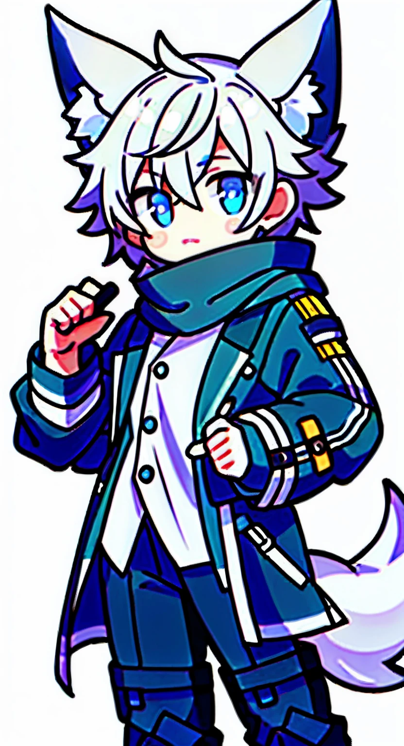 Pure white background Teen character with reference sticker Fresh and cold temperament Masterpiece quality HD portrait Meticulous beauty Proud face Admiration Clear blue eyes Dark gray hair Messy hair fluttering Wolf ears mysterious Obscure wolf tail Military trench coat with clean lines Confident facial features Elegant brown scarf Black boots show calm and calm Simple background，Highlight characters with spaces，Create a pure atmosphere Unique embellishments for teenagers Mysterious atmosphere Delicate little boy Strong presence，Soft and hard An admirable masterpiece