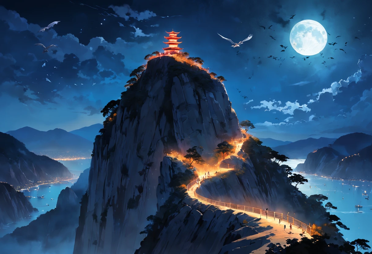 Circles of vultures flying on the edge of the cliff, luzes noturnas, Vista Chinesa, ao fundo Rio de Janeiro, Cristo Redentor ILUMINADO, com muitas sombras, stars and full moon in the sky and many trees coming down the cliff