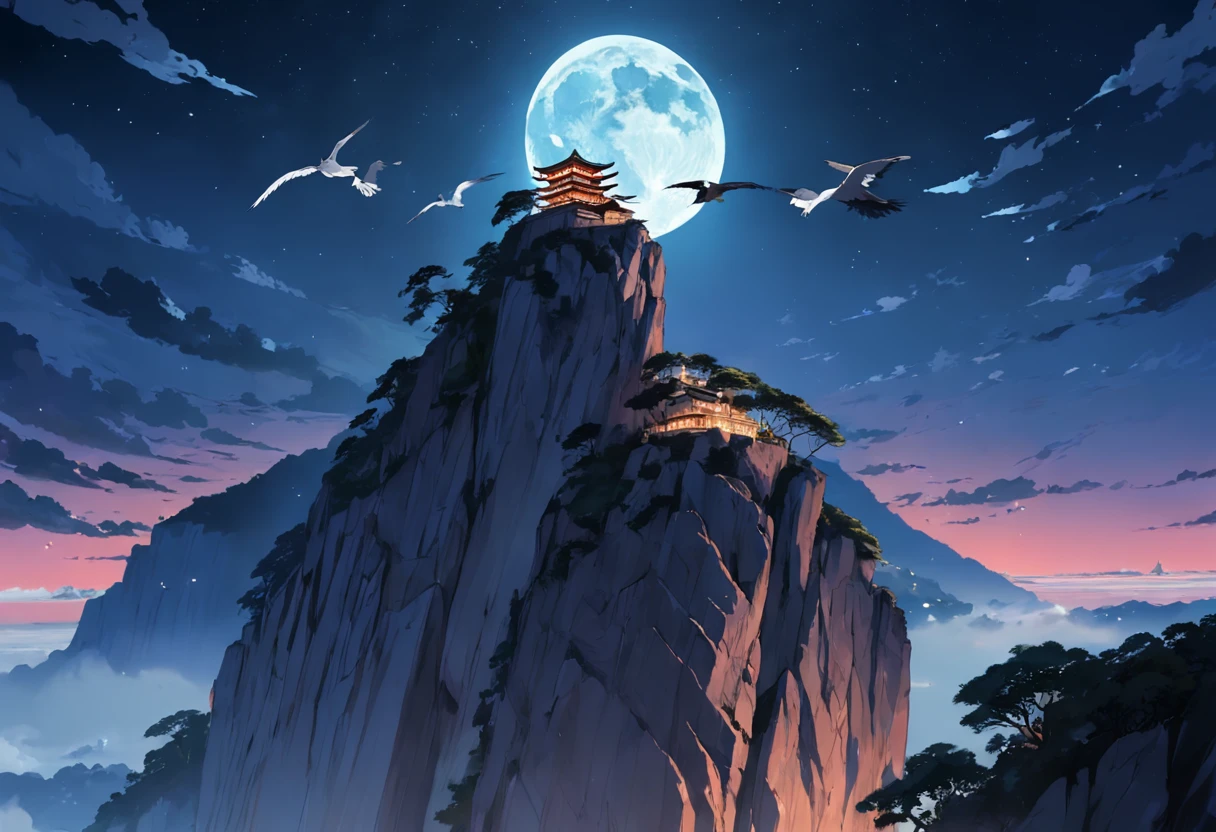Circles of vultures flying on the edge of the cliff, luzes noturnas, Vista Chinesa, ao fundo Rio de Janeiro, Cristo Redentor ILUMINADO, com muitas sombras, stars and full moon in the sky and many trees coming down the cliff