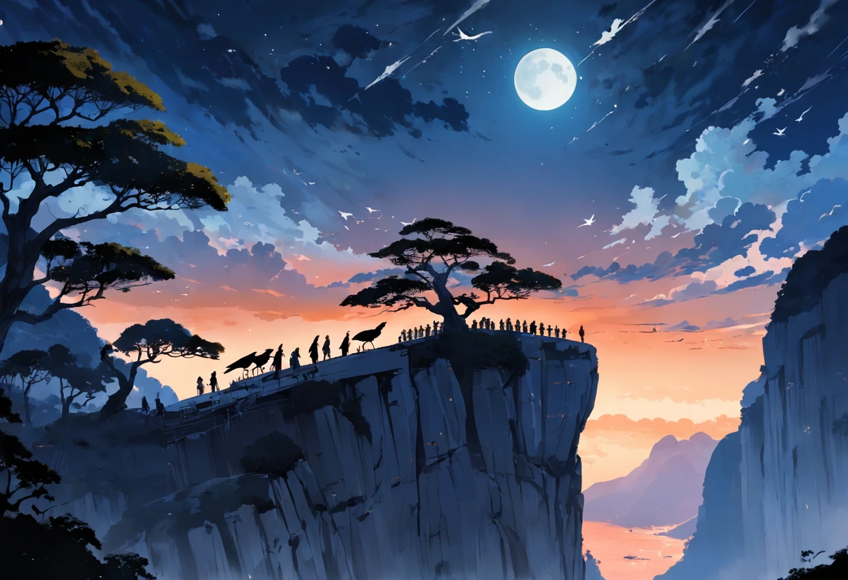 Circles of vultures flying on the edge of the cliff, luzes noturnas, Vista Chinesa, ao fundo Rio de Janeiro, Cristo Redentor ILUMINADO, com muitas sombras, stars and full moon in the sky and many trees coming down the cliff