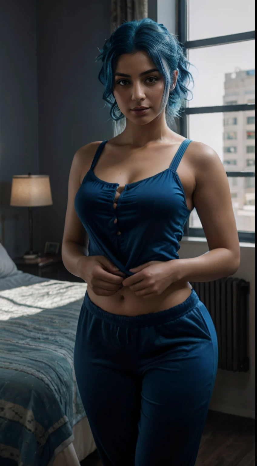 Highest quality, masterpiece, super high resolution, (photorealistic: 1.4), photorealistic, raw photo, (blue haired syrian woman), short curly hair, hourglass figure, wide hips, plump thighs, 1 girl, pajama clothing , in the room, deep shadows, low key, cold light, background downtown, ponytail, Black clothes