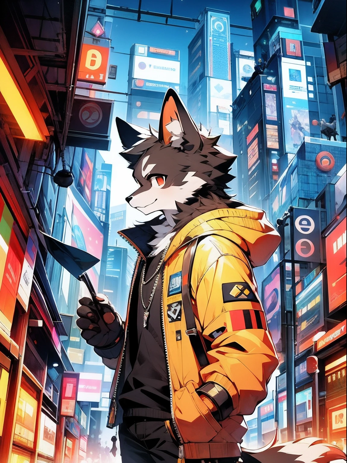 Master masterpiece,A high resolution,8k,high qulity,BREAk,BREAk,(Medium build,Black fur,Red pupils,Bright yellow coat,)) hairy pubic, Broken, mascular, male people, human - shaped,Bright yellow sweatshirt,hooding,(Cyberpunk style,城市,mechanized),独奏