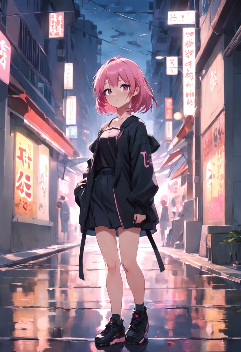 anime girl with pink hair and a black shirt standing on a sidewalk, anime style portrait, anime moe artstyle, anime style. 8k, digital anime illustration, artwork in the style of guweiz, anime visual of a cute girl, anime portrait, in anime style, anime artstyle, anime art style, young anime girl, anime style 4k