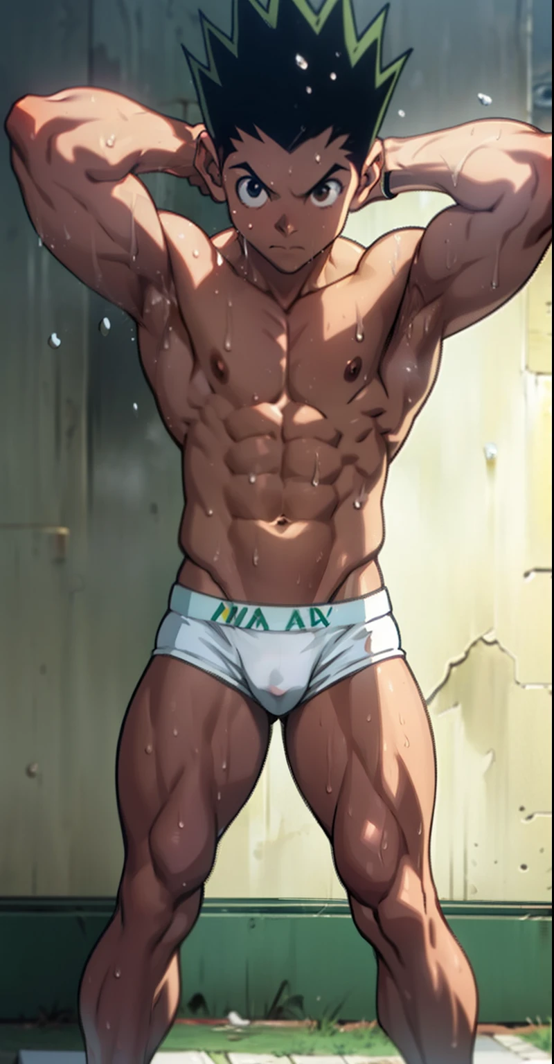 full body, 13 year old boy anime , topless, shirtless, cute baby face, toned body, huge strong thigh muscles, muscular arms, sweat dripping, wearing triangle underwear , underwear bulging due to genitals, white underwear, hands behind back (photo angle from bottom up)
