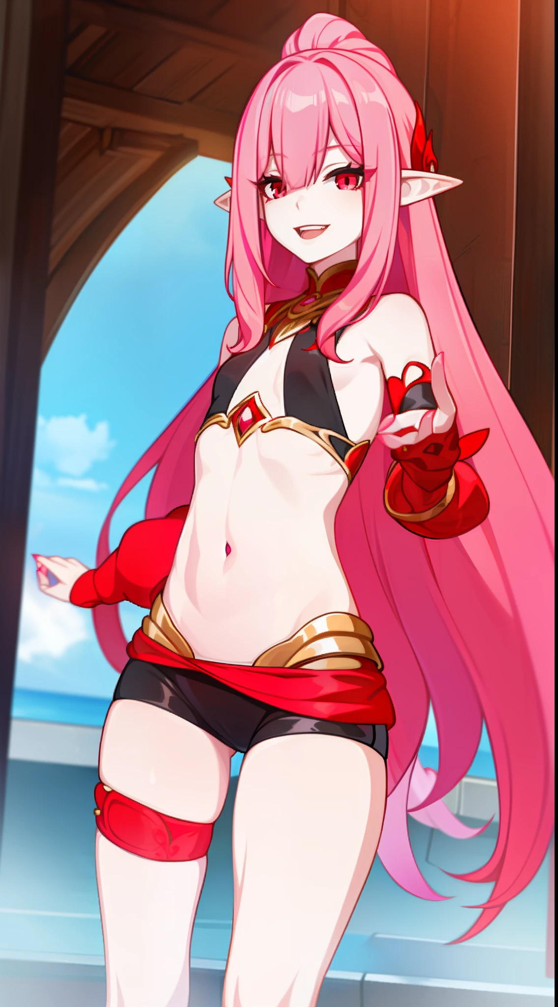 young girl, long pink hair, elf ears, red eyes, pink lipstick, crazy smile, small breasts, open shoulders, open belly, black mantle, long sleeves, claws, Shorts, Masterpiece, hiquality