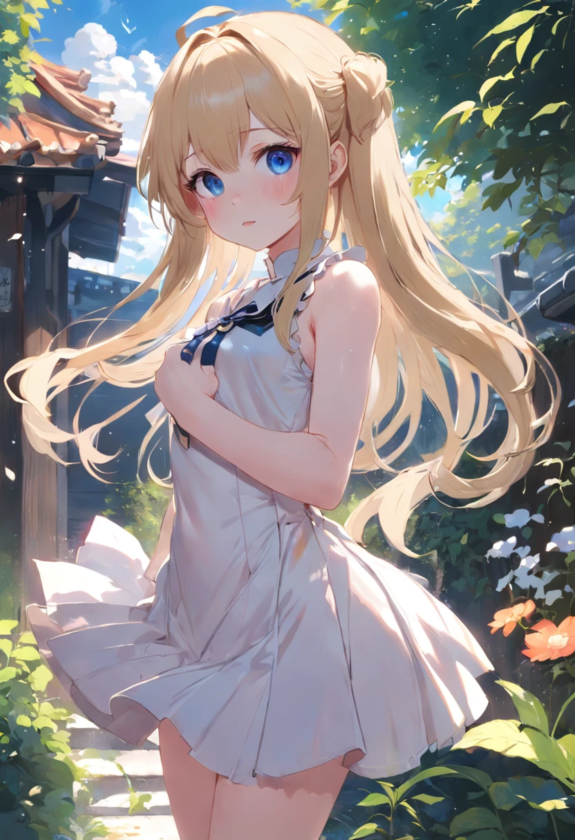 Cat-eared girl in white dress standing in garden, BREAK,Blonde long hair,blue eyes,(((Sleeveless))),Pull up your skirt to show your panties,loli in dress, small curvy loli, artwork in the style of guweiz, guweiz on pixiv artstation, guweiz on artstation pixiv, guweiz, small li girl, soft anime illustration, Anime visuals of cute girls, Detailed Digital Anime Art