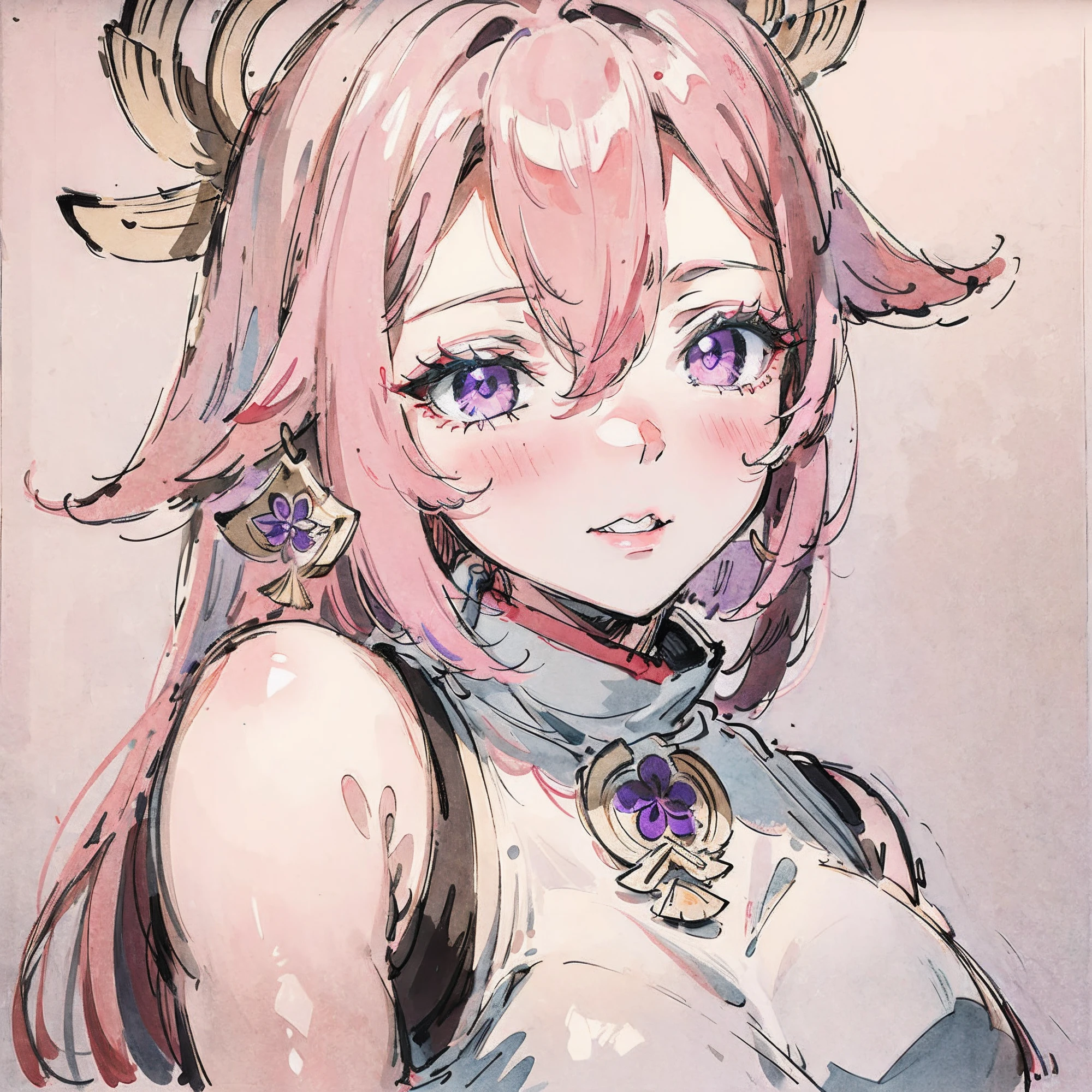 （tmasterpiece，best qualtiy：1.2），Tradition Chinese Ink Painting，Pink hair，Purple eye，Yae Miko，Exquisite facial features，High quality，8K wallpaper，Beautiful girl，More details about the eyes，Baby face，upper body，thin