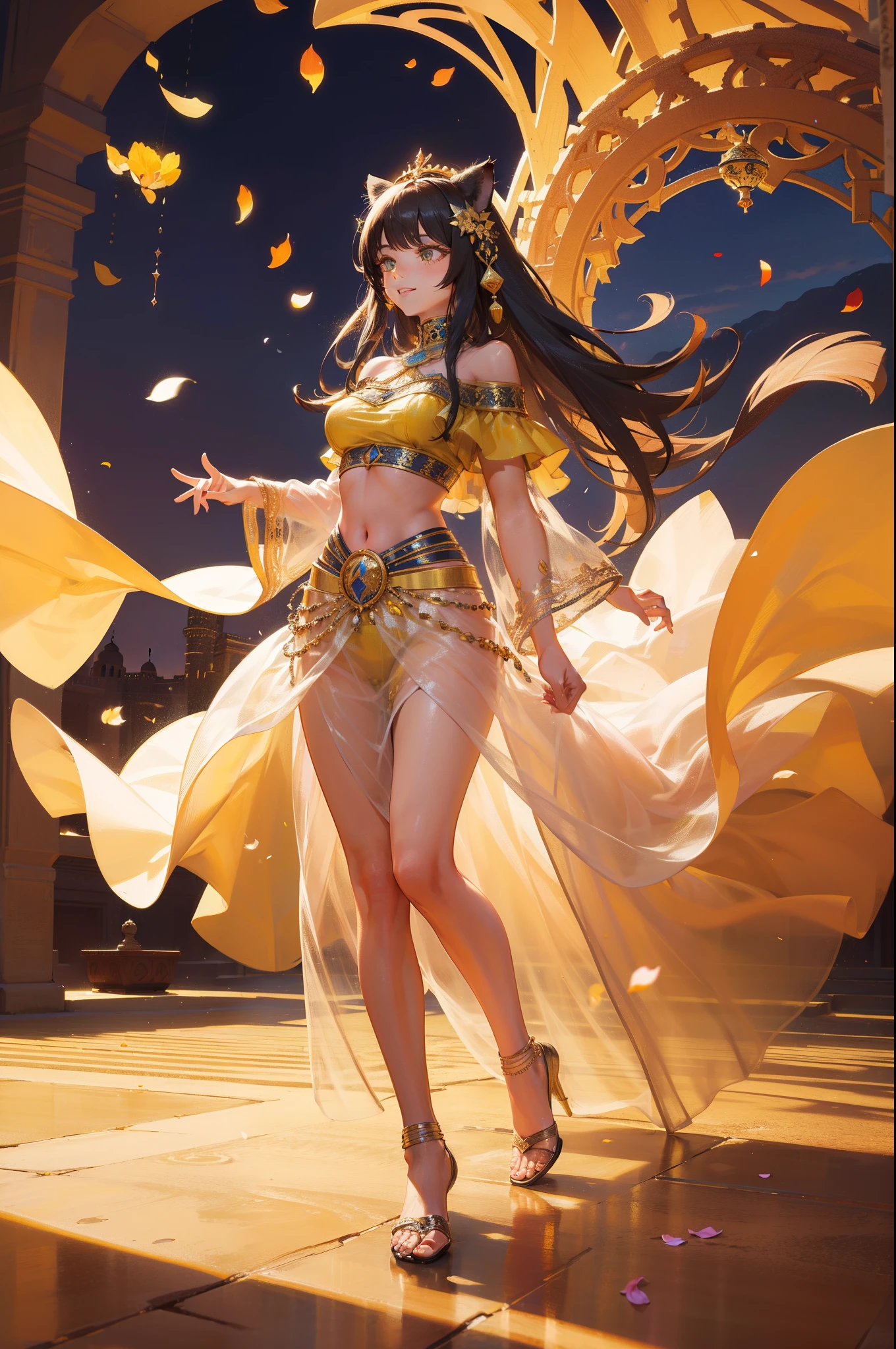 (Masterpiece), (best quality), hight resolution, ultra-detailed, (hyper detailed background, Detailed background), highly detailed, photorealistic, 1 beautiful and gorgeous girl, (cat ears), off-shoulder, North African Islam, Alhambra palace, (Islamic Africa:1.2), Colorful, in desert, Long Long Platina Bond Shining Hair, Big yellow crystal eyes, smile, ((dancing Arabian dance)), light, broken glass, a girl with a pet lion, (shining brightly), ((dazzling)), (floating a lot of flower petals, ((3D)),