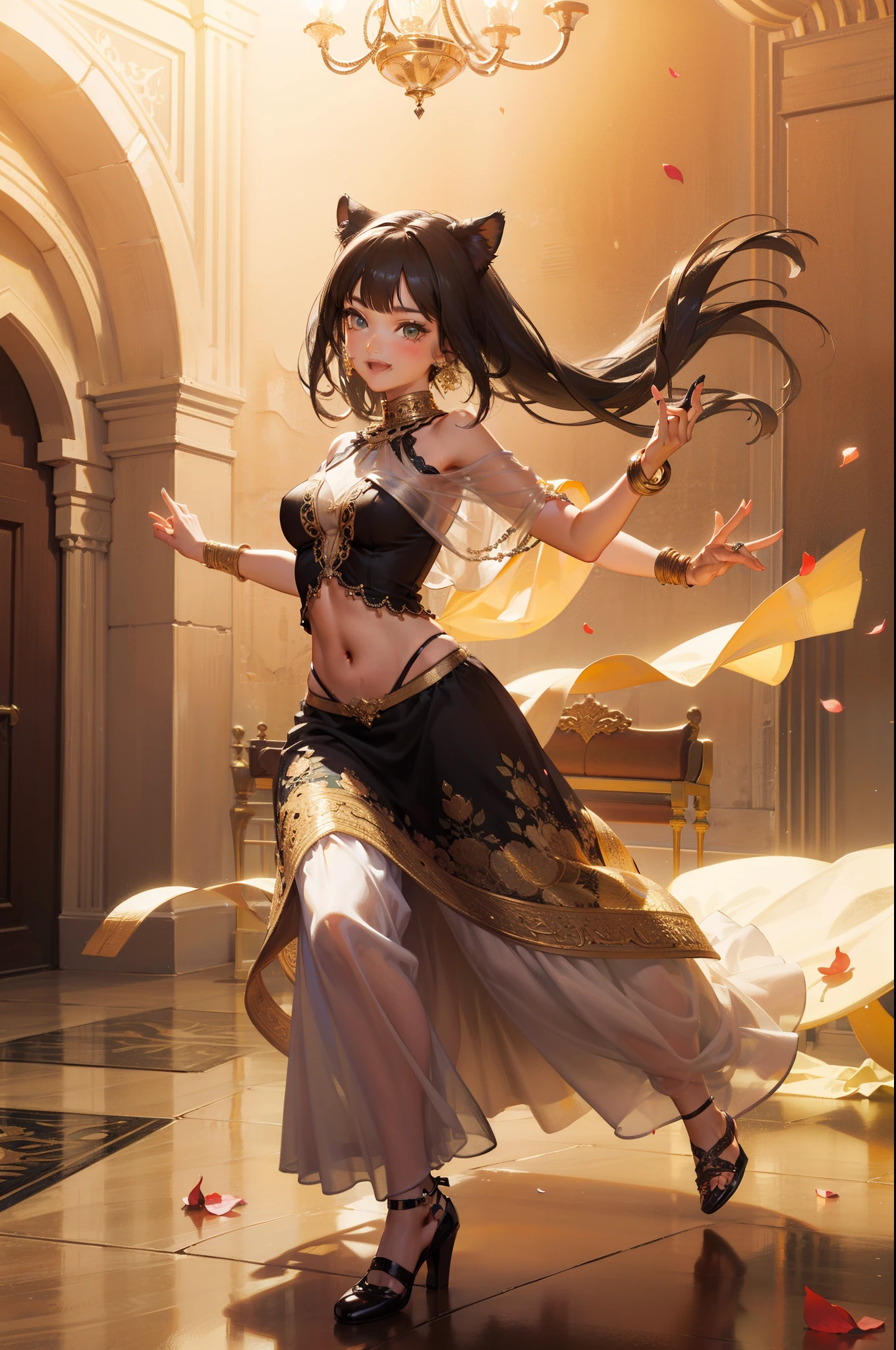 (Masterpiece), (best quality), hight resolution, ultra-detailed, (hyper detailed background, Detailed background), highly detailed, photorealistic, 1 beautiful and gorgeous girl, (cat ears), off-shoulder, North African Islam, Alhambra palace, (Islamic Africa:1.2), Colorful, in desert, Long Long Platina Bond Shining Hair, Big yellow crystal eyes, smile, ((dancing Arabian dance)), light, broken glass, a girl with a pet lion, (shining brightly), ((dazzling)), (floating a lot of flower petals, ((3D)),
