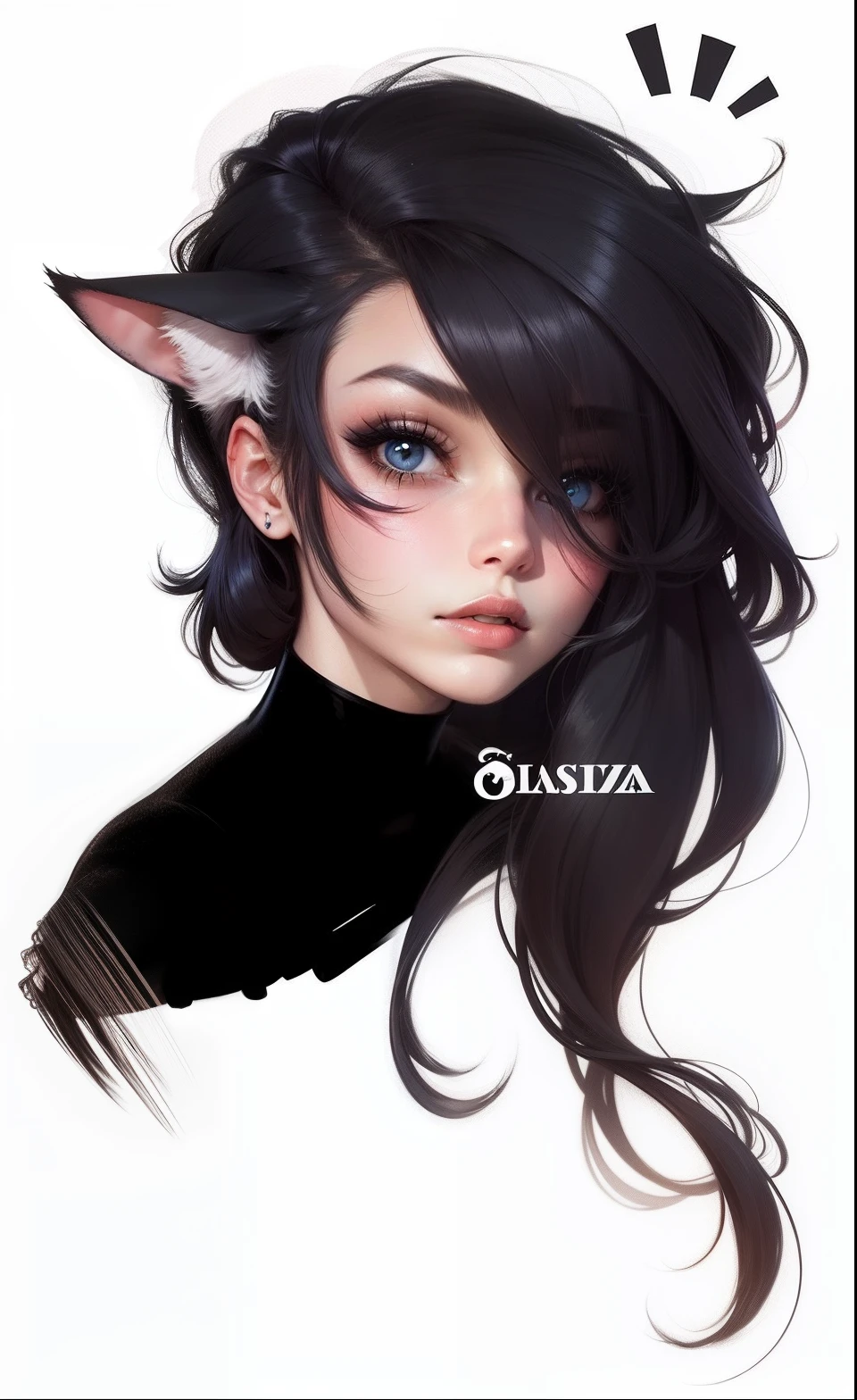 Mulher realista, cabelo preto, olhos vermelhos, blusa preta, orelha de gato