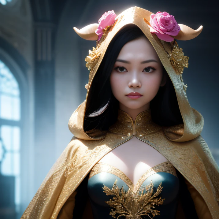ponds，Movie light，offcial art，统一 8k 壁纸，ultra - detailed，Beauty and aesthetics，big breasts beautiful，tmasterpiece，Best quality at best，（Linen pullover hooded，flathead，Tangles，entangled），（ecstasy of flower：1.2）dynamic angle，cow boy shot，The most beautiful form of chaos，Elegant cape，Fauvistdesign，vivd colour，romanticism lain，The atmosphere is accurate 120 degrees，Polyart，Stylized 3D rendering，Porcelain small room 1：60，3D stylized scene，Soldier head，In a chic，closeup cleavage