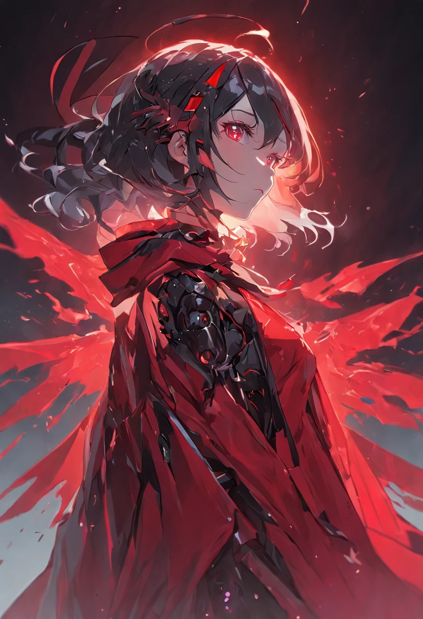 (photorealistic:1.3),(hyperrealistic:1.3), masterpiece, highly detailed, best quality, (beautiful and clear background:1.2), detailed background, beautiful (female:1.4) vamptech cyborg robot wearing (black red robe:1.4) (black red cape:1.2), Seraphim wings, vampiric gothic horror, fcPortrait, illustration, cinematic lighting,