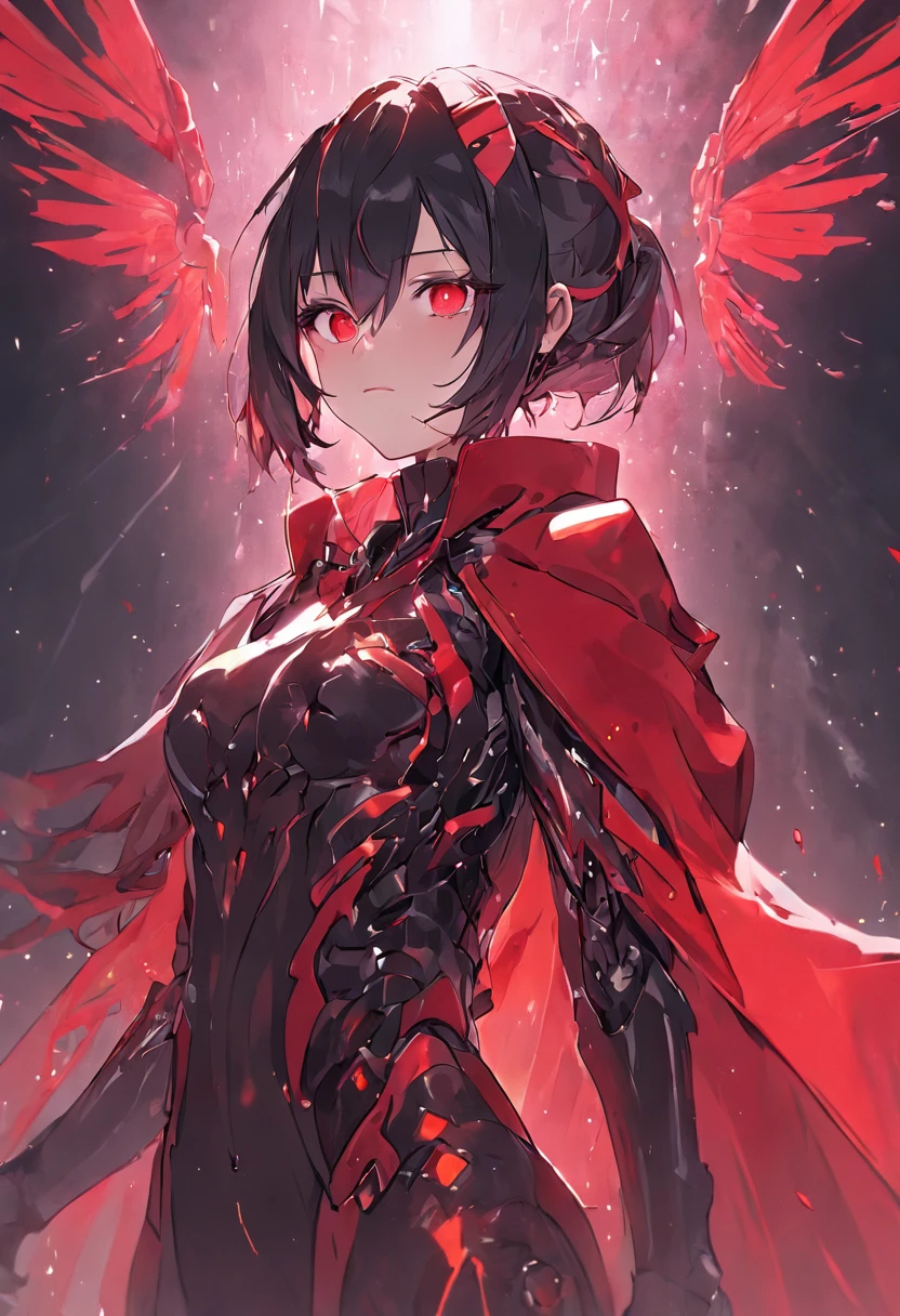 (photorealistic:1.3),(hyperrealistic:1.3), masterpiece, highly detailed, best quality, (beautiful and clear background:1.2), detailed background, beautiful (female:1.4) vamptech cyborg robot wearing (black red robe:1.4) (black red cape:1.2), Seraphim wings, vampiric gothic horror, fcPortrait, illustration, cinematic lighting,