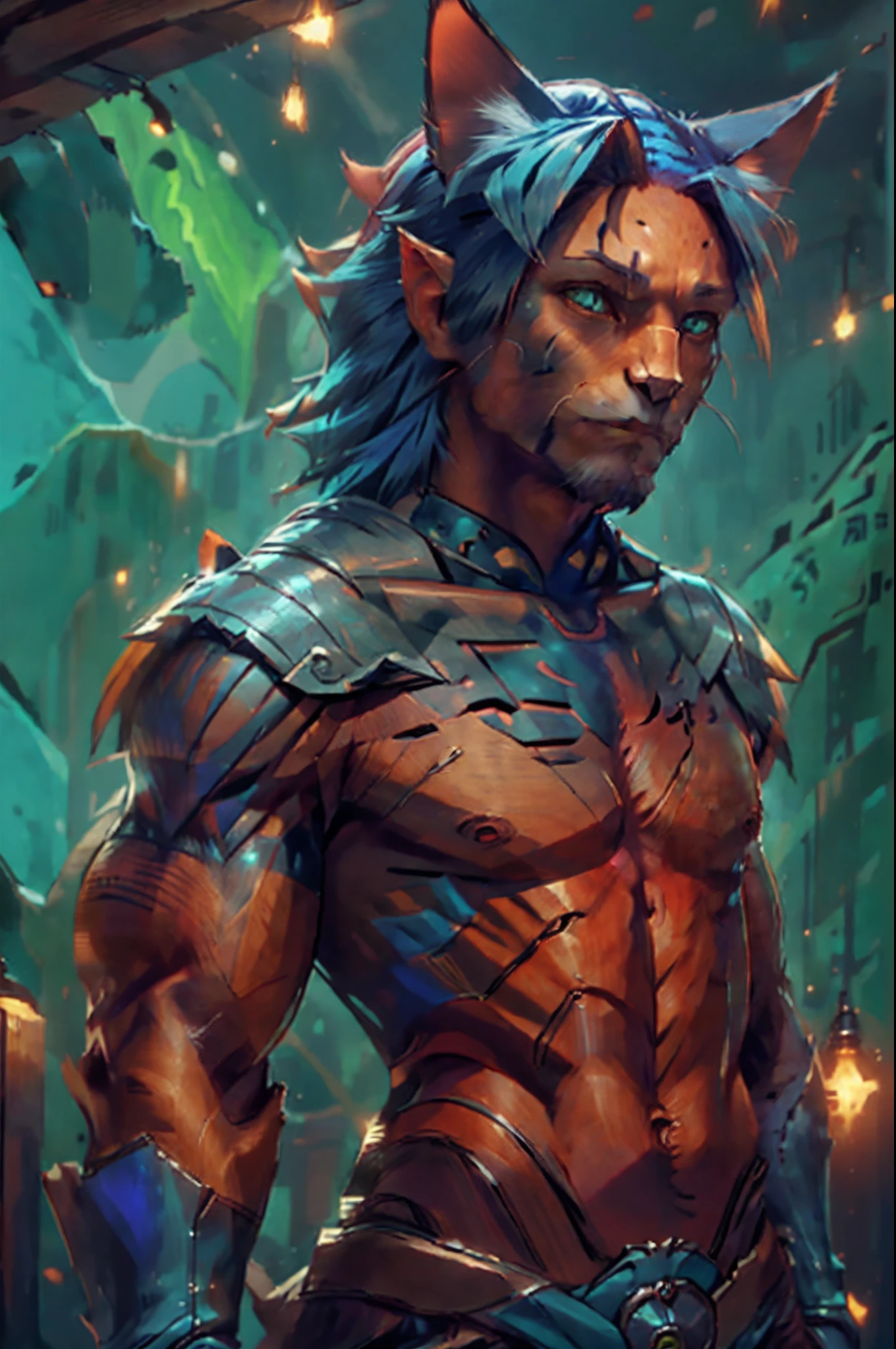 Scar, humanoid body, cat, 4 ears, chest gem, wooden torso, cyan hair