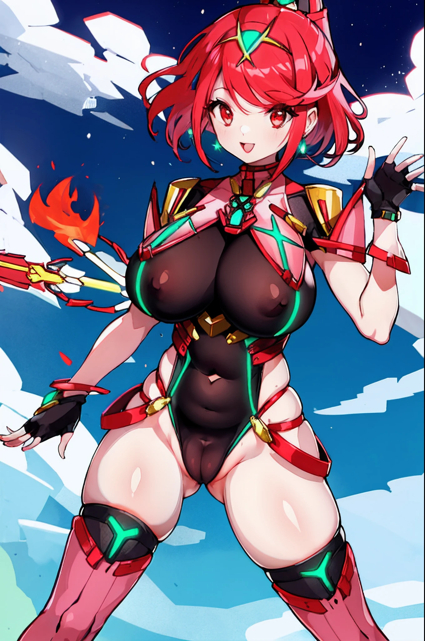 pyra \(xenoblade\), _1girl, lolimor, bangs, black gloves, breasts, red eyes, light_open_mouth, earrings, eyelashes, fingerless gloves, floating hair, framed breasts, gem, gloves, hair ornament, headpiece, jewelry, big_breasts, leaning back, swimsuit, neon trim, official art, pose, red hair, saitou masatsugu, short hair, sidelocks, skin tight, solo, swept bangs, thighhighs, tiara, fantasy_town_background, turtleneck, underbust, vambraces, xenoblade chronicles \(series\), (xenoblade chronicles 2), (spread_legs:1.1), fire_effect,dynamic_pose,fighting,light_smile, (plump:1.4), big_ass,huge_sword, hold_large_sword_hilt, covered_nipples, (covered_pussy:1.2),cameltoe,back_view, fists,ponytail,plump,beautiful_fingers,(solo:1.1)