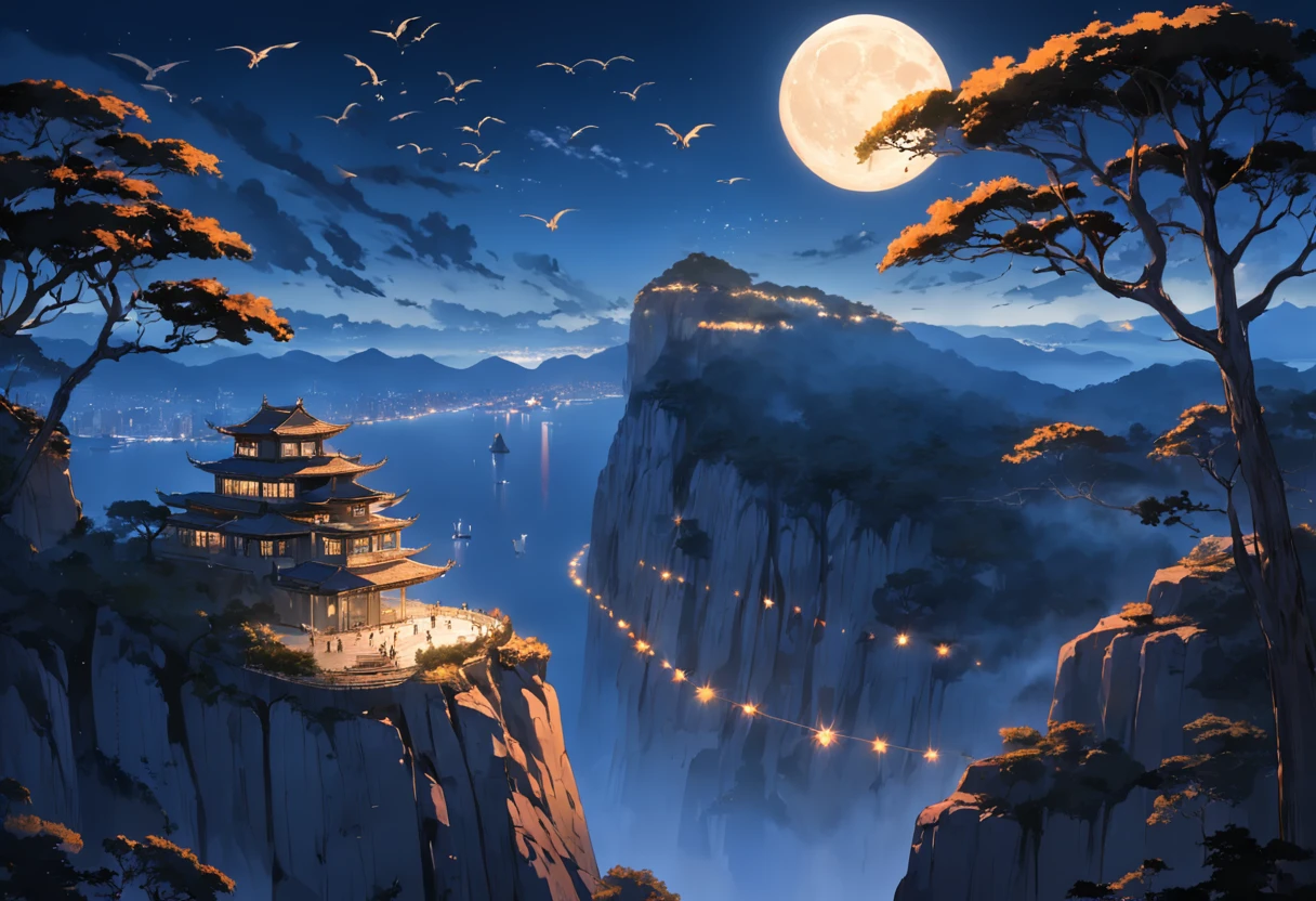Circles of vultures flying on the edge of the cliff, luzes noturnas, Vista Chinesa, ao fundo Rio de Janeiro, Cristo Redentor iluminado, muitas sombras, stars and full moon in the sky and many trees coming down the cliff