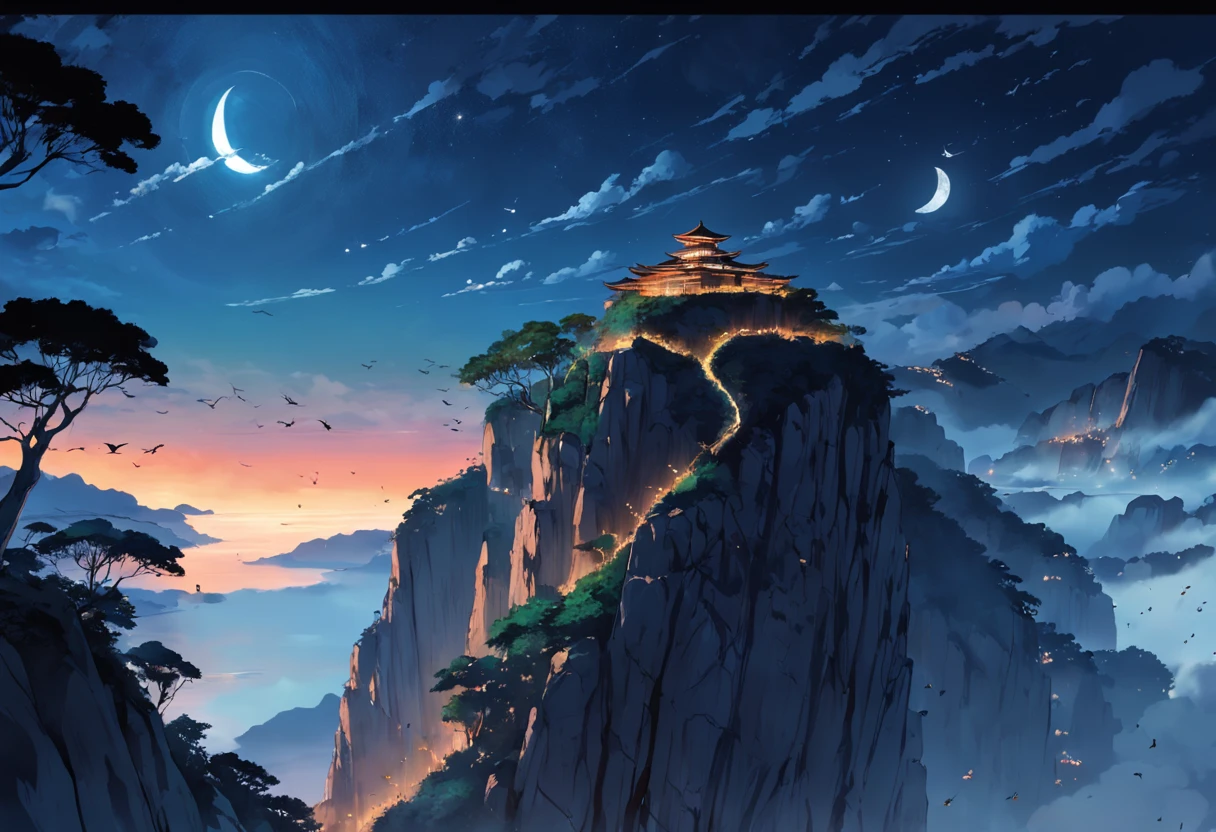 Circles of vultures flying on the edge of the cliff, luzes noturnas, Vista Chinesa, ao fundo Rio de Janeiro, Cristo Redentor iluminado, muitas sombras, stars and full moon in the sky and many trees coming down the cliff
