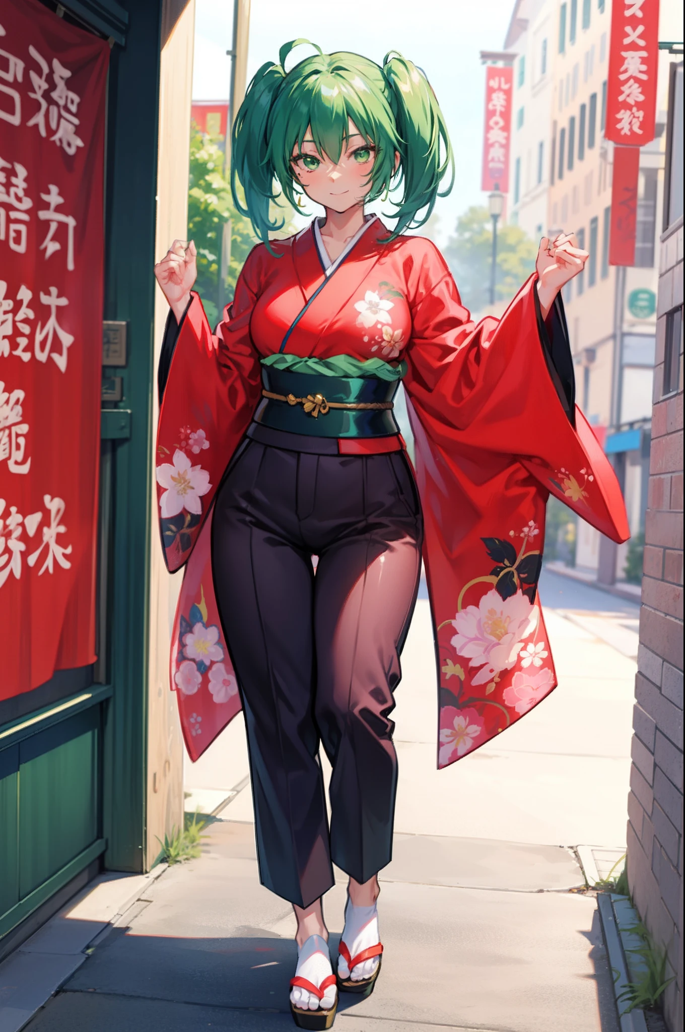 RYOFU HOUSEN IKKI TOUSEN GREEN HAIR TWINTAILS GREEN EYES, pants, pullover, , standing, monk, kimono, smile, full body