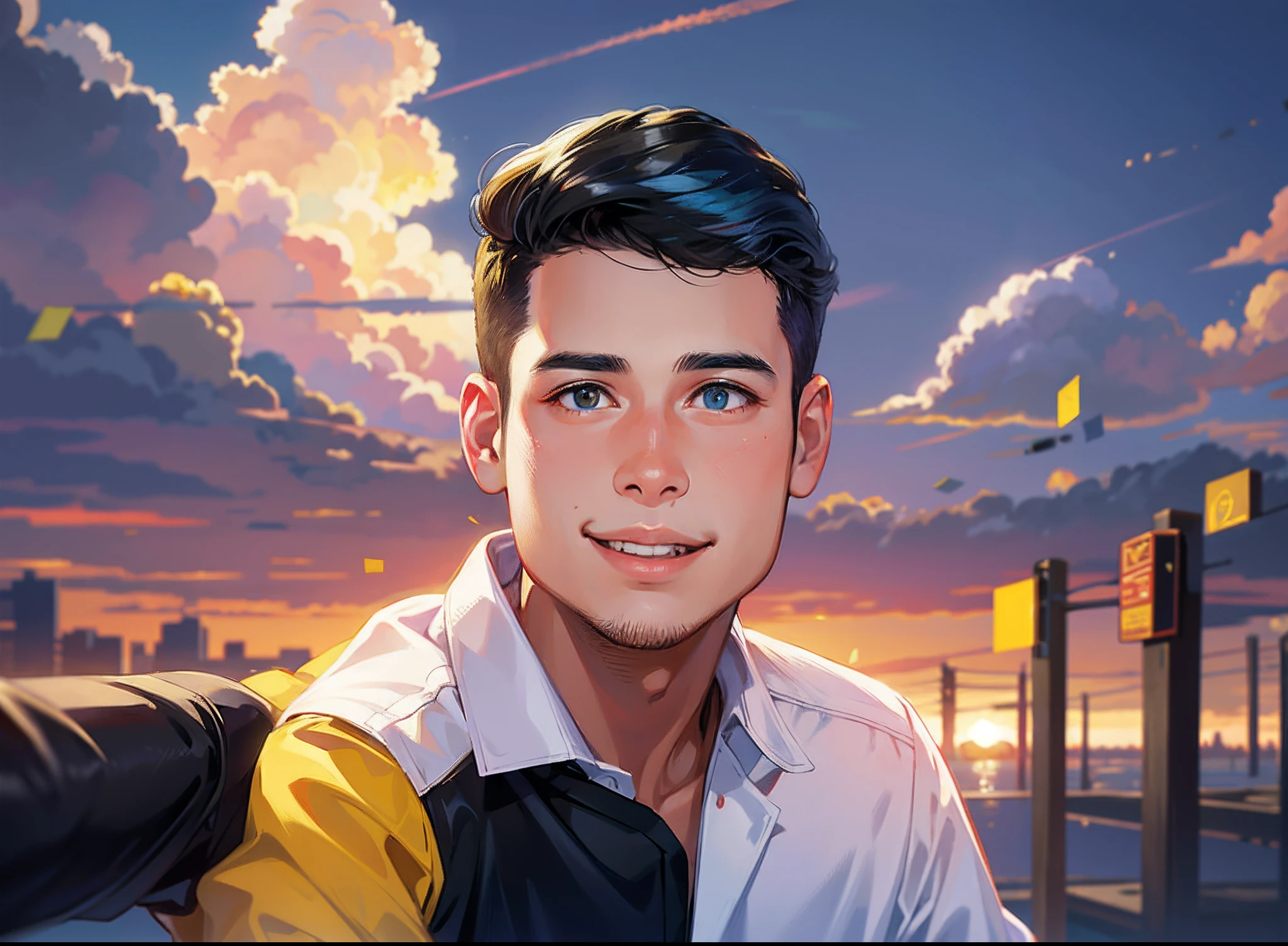 A very handsome ager passed by me and inadvertently saw me, bust photo, smiling and looking at me. High nose, yellow race, relatively white skin, black hair, medium hair. The background is a sky.Highest quality.
