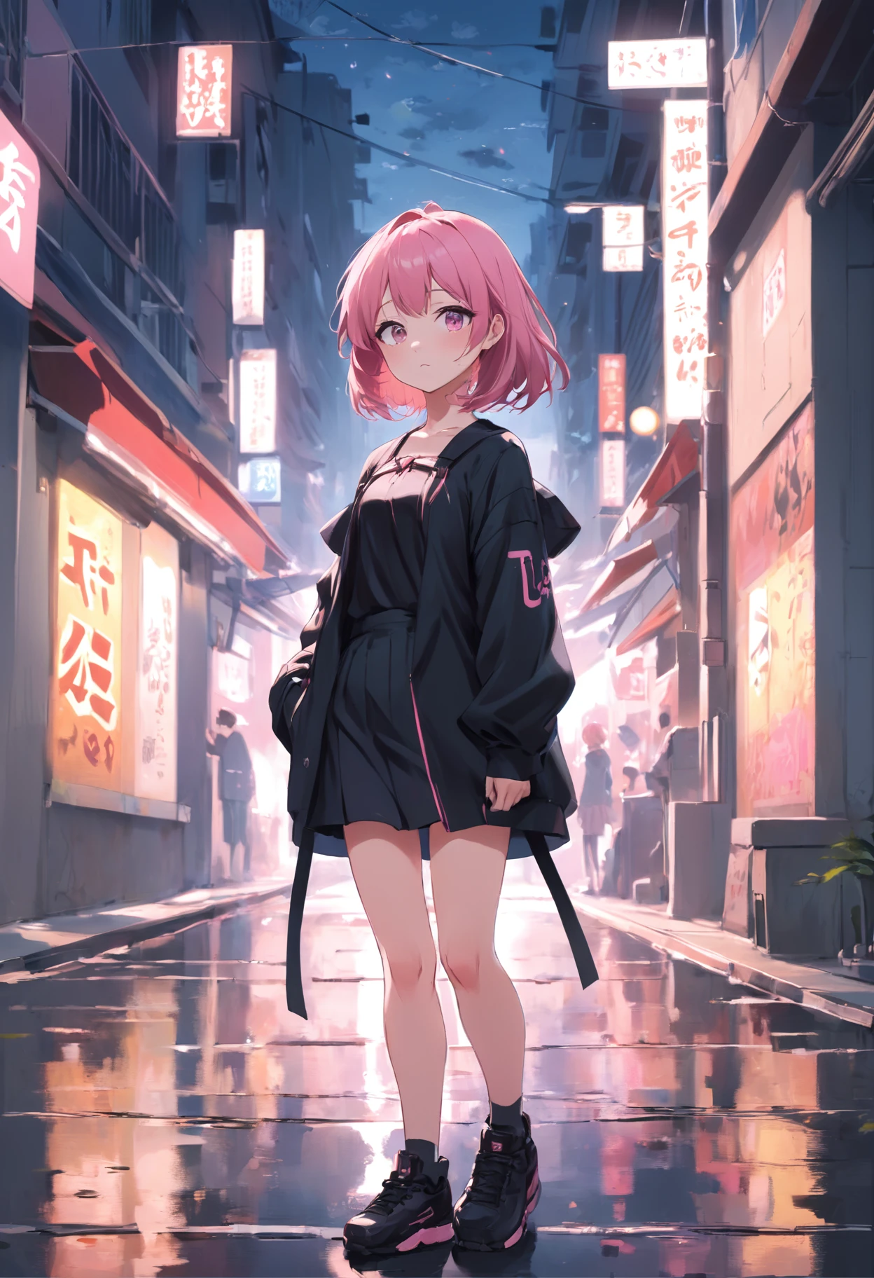 anime girl with pink hair and a black shirt standing on a sidewalk, anime style portrait, anime moe artstyle, anime style. 8k, digital anime illustration, artwork in the style of guweiz, anime visual of a cute girl, anime portrait, in anime style, anime artstyle, anime art style, young anime girl, anime style 4k