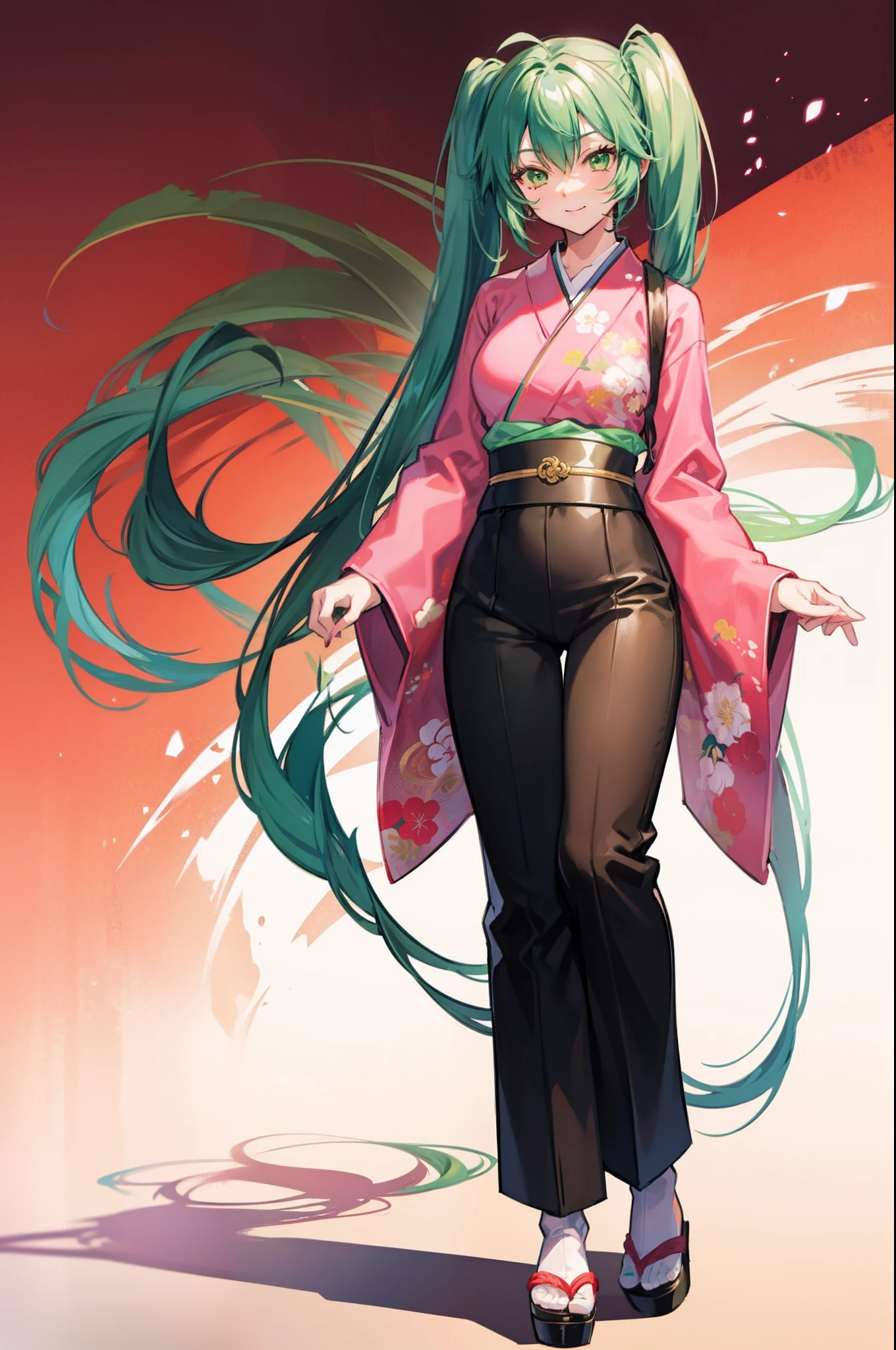 RYOFU HOUSEN IKKI TOUSEN GREEN HAIR TWINTAILS GREEN EYES, pants, pullover, , standing, monk, kimono, smile, full body