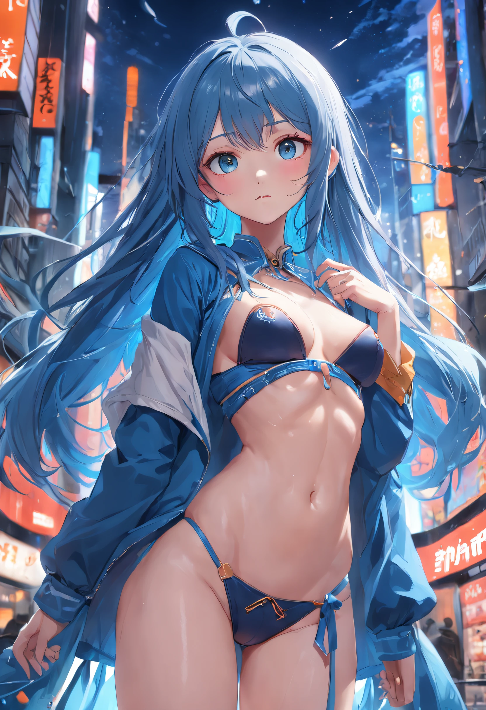 The best quality, high resolution, detailed 4k CG, masterpiece, amazing art, fine details, high details, complex details, blue long hair, girly feeling, big eyes, pure desire, lovely, young and beautiful,Beauty with pubic hair,Expose navel,Shy girl,Big chest,Untidy clothes