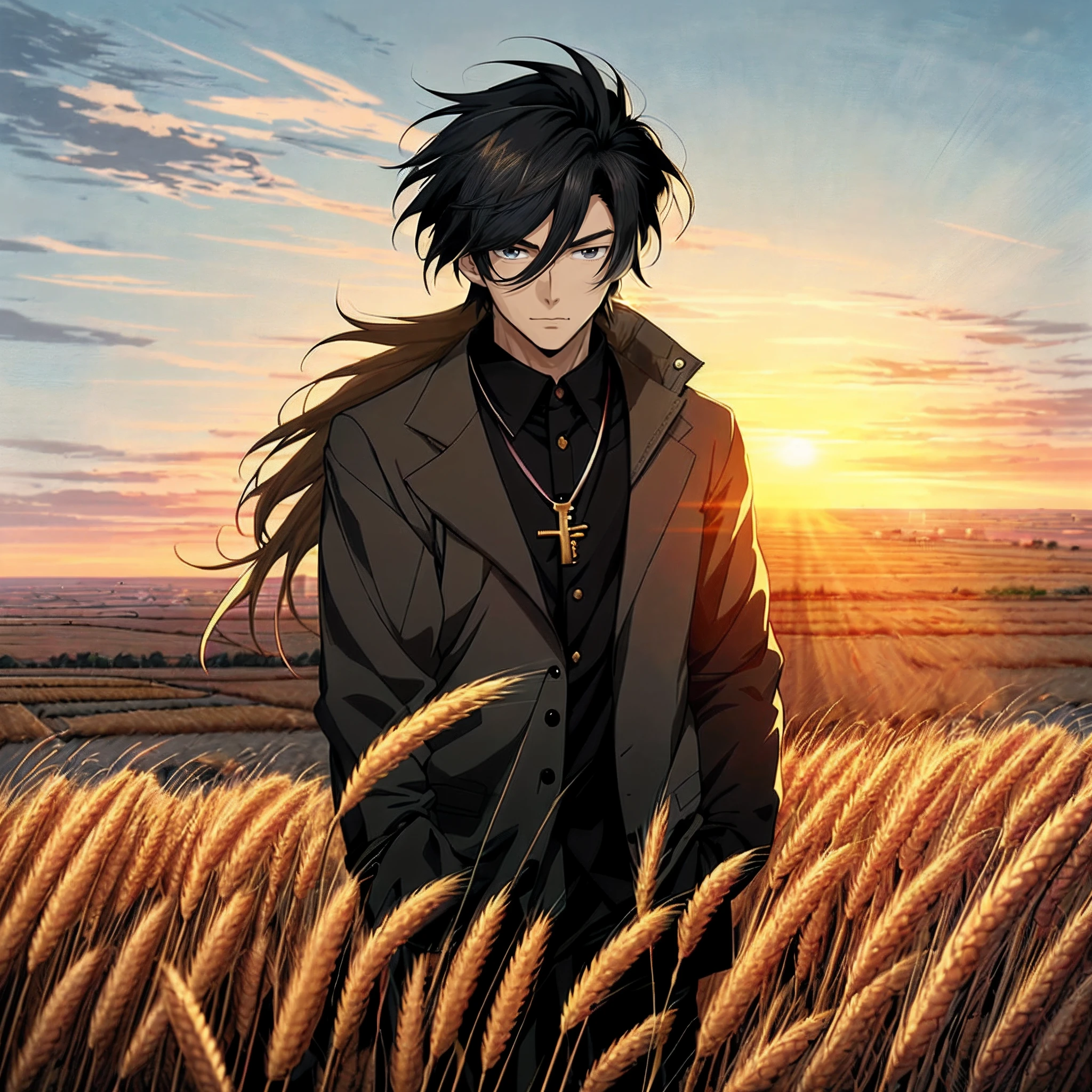 Anime boy in wheat field with sunrise background, Anime handsome man，Black color hair，Black eyes，Blackn clothes, Anime portrait of a handsome man, Official illustration, offcial art, young anime man, Key anime art,