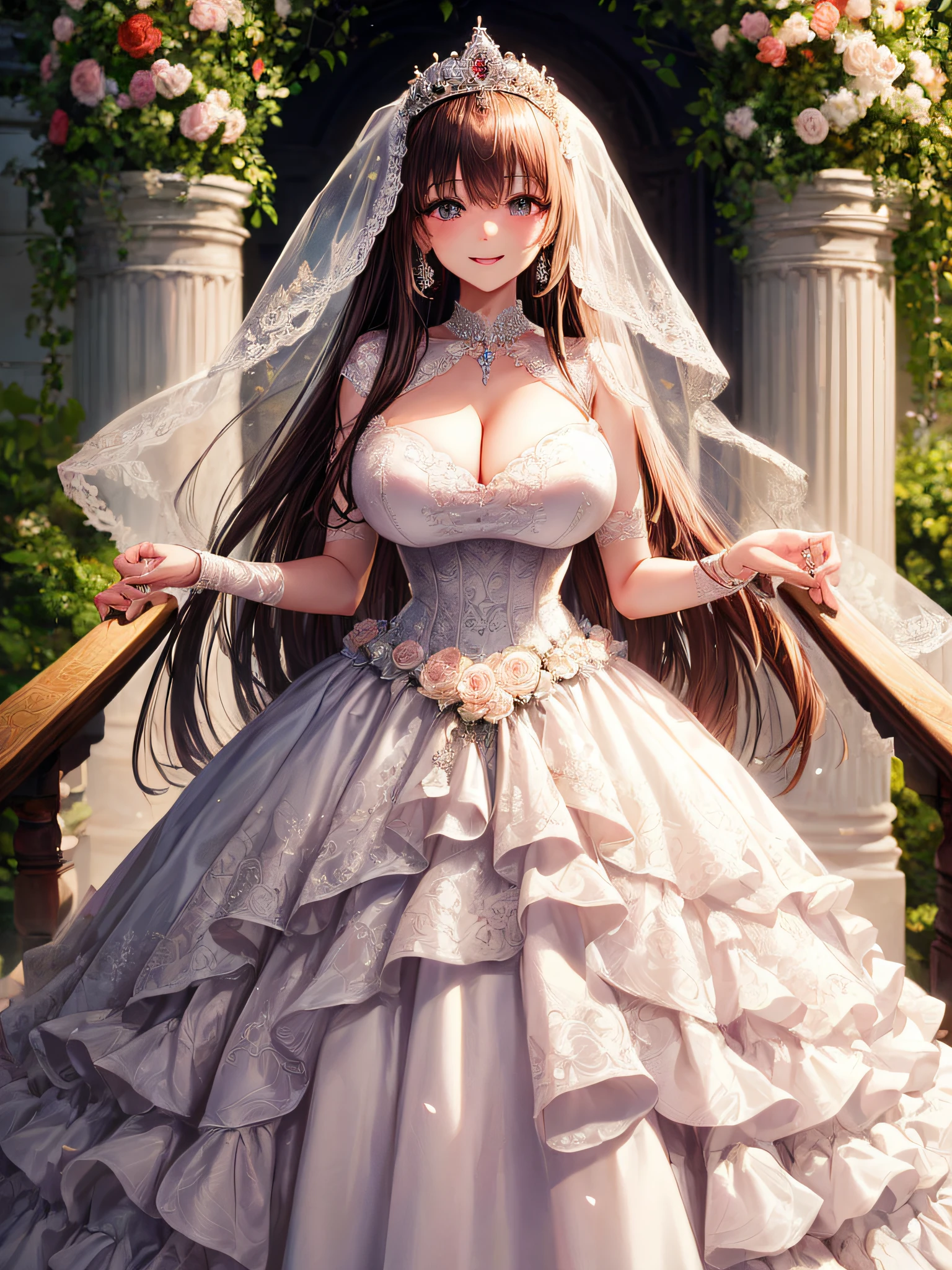 (masterpiece, best quality:1.2),1girl, (solo), cute, kawaii,digital art,((1 princess wearing beautiful embroidery and jeweled gorgeous princess ballgown wedding dress with voluminous full length hoop skirt)),crinoline,((gorgeous embroidery and beautiful lace)),(very gigantic boobs,cleavage,skindentation),((shiny hair,Bangs between eyes,voluminous straight hair,extremely Long straight Hair)),finely detailed face and eye,smile,extremely gorgeousfull jeweled tiara,(bling-bling gorgeous gemstone jewelry),long wedding veil,((standing in beautiful garden)),flowers,flower petals flowing,((beautiful embroidery and jeweled gorgeous princess ballgown wedding dress with voluminous full length hoop skirt))