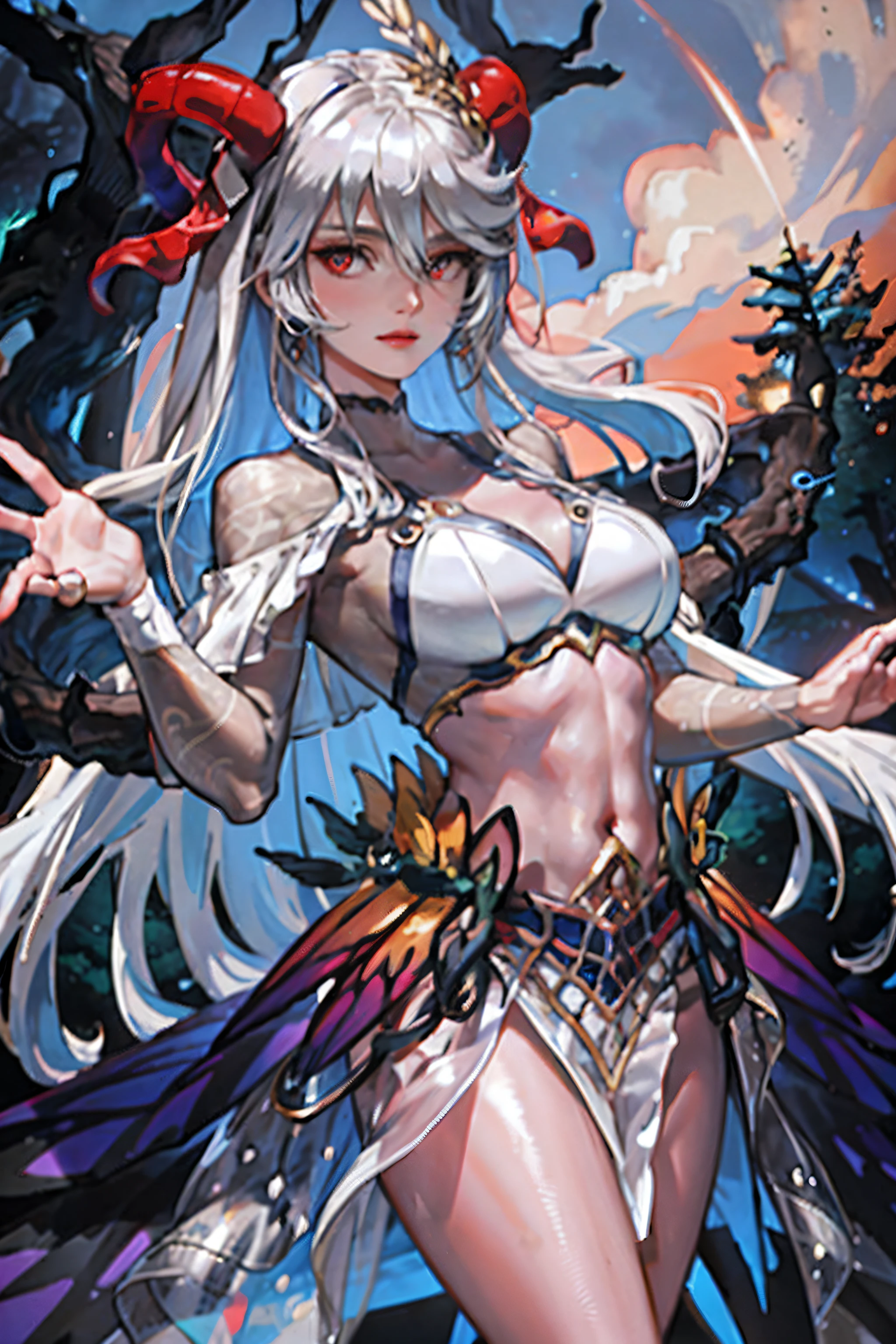 (masterpiece:1.2, best quality), (Realphotos, Crafted with meticulous precision), solo, 1milf, home, close-up face, White non-marking underwear, (front focus), large circle earrings, looking at me, Seductive eyes, seductive face, good lighting, décolleté, huge breasts, small details, 1girl, white hair, red horns, Freyja Fire Emblem, night time background, forest background, forest at night background, forest at night with dark purple lighting and ambience background, fireflies background, masterpiece, best quality, whole body, wide hips, ripped clothing, feminine, serene, from below, camera from below, low angle, looking at viewer, smiling, open arms, seductive eyes, black pantyhose, dark see-through tight sleeves, black legging, dark black legging, bandits in the backgrund