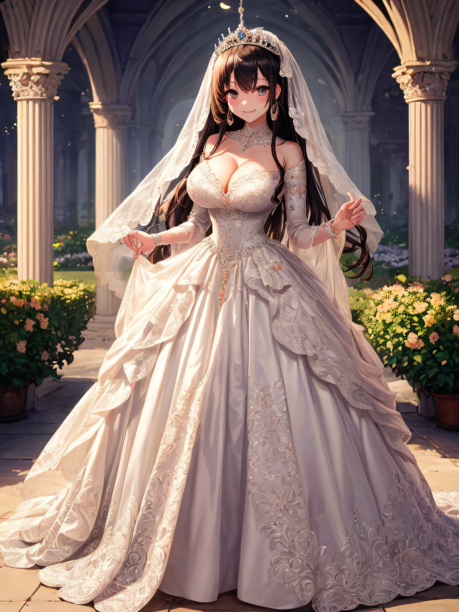 (masterpiece, best quality:1.2),1girl, (solo), cute, kawaii,digital art,((1 princess wearing beautiful embroidery and jeweled gorgeous princess ballgown wedding dress with voluminous full length hoop skirt)),crinoline,((gorgeous embroidery and beautiful lace)),(very gigantic boobs,cleavage,skindentation),((shiny hair,Bangs between eyes,voluminous straight hair,extremely Long straight Hair)),finely detailed face and eye,smile,extremely gorgeousfull jeweled tiara,(bling-bling gorgeous gemstone jewelry),long wedding veil,((standing in beautiful garden)),flowers,flower petals flowing,((beautiful embroidery and jeweled gorgeous princess ballgown wedding dress with voluminous full length hoop skirt))
