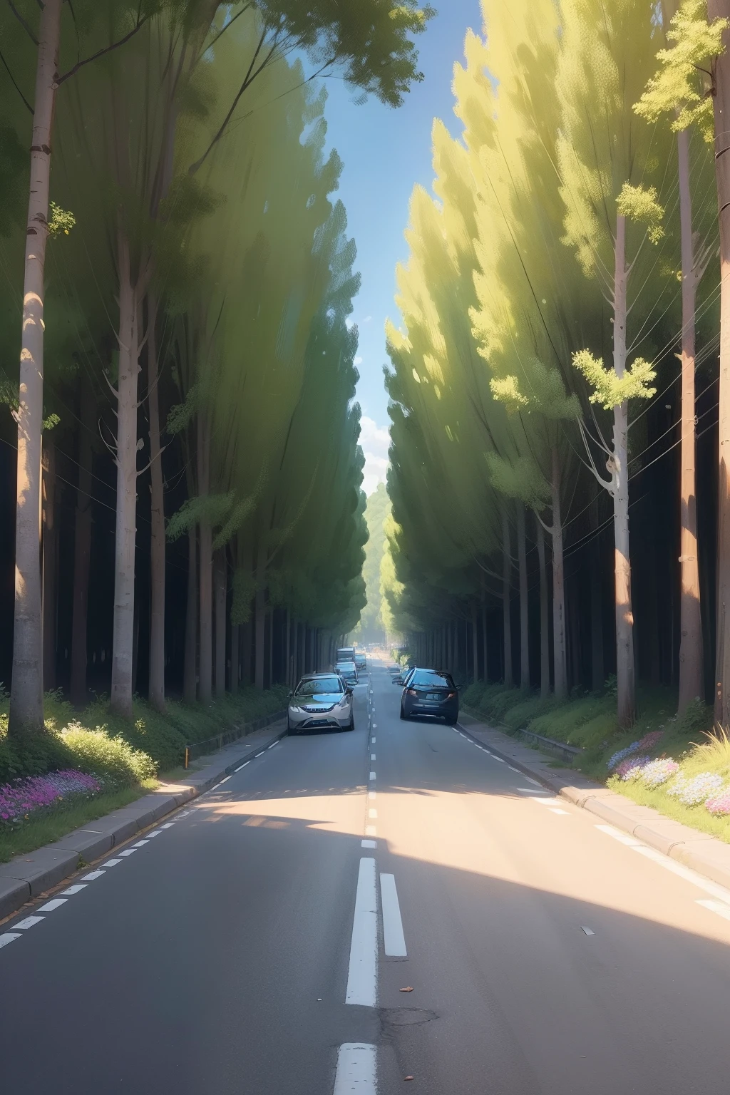 (Original illustrations:1.5) Outdoor road under trees,detail-rich,Summer sunshine,A grassy flower bed surrounds the road,Large leaves sway gently in the breeze。On one side of the street,There is a tall willow tree,Its branches hang down,A natural green umbrella is formed。Under the trees is a spacious road,The road surface is smooth and clean,In the distance, you can see the traffic passing by。On the sidewalk on the side of the road,Several people were taking a leisurely walk,They bowed their heads in thought,Or holding a by the hand,A tranquil sight。