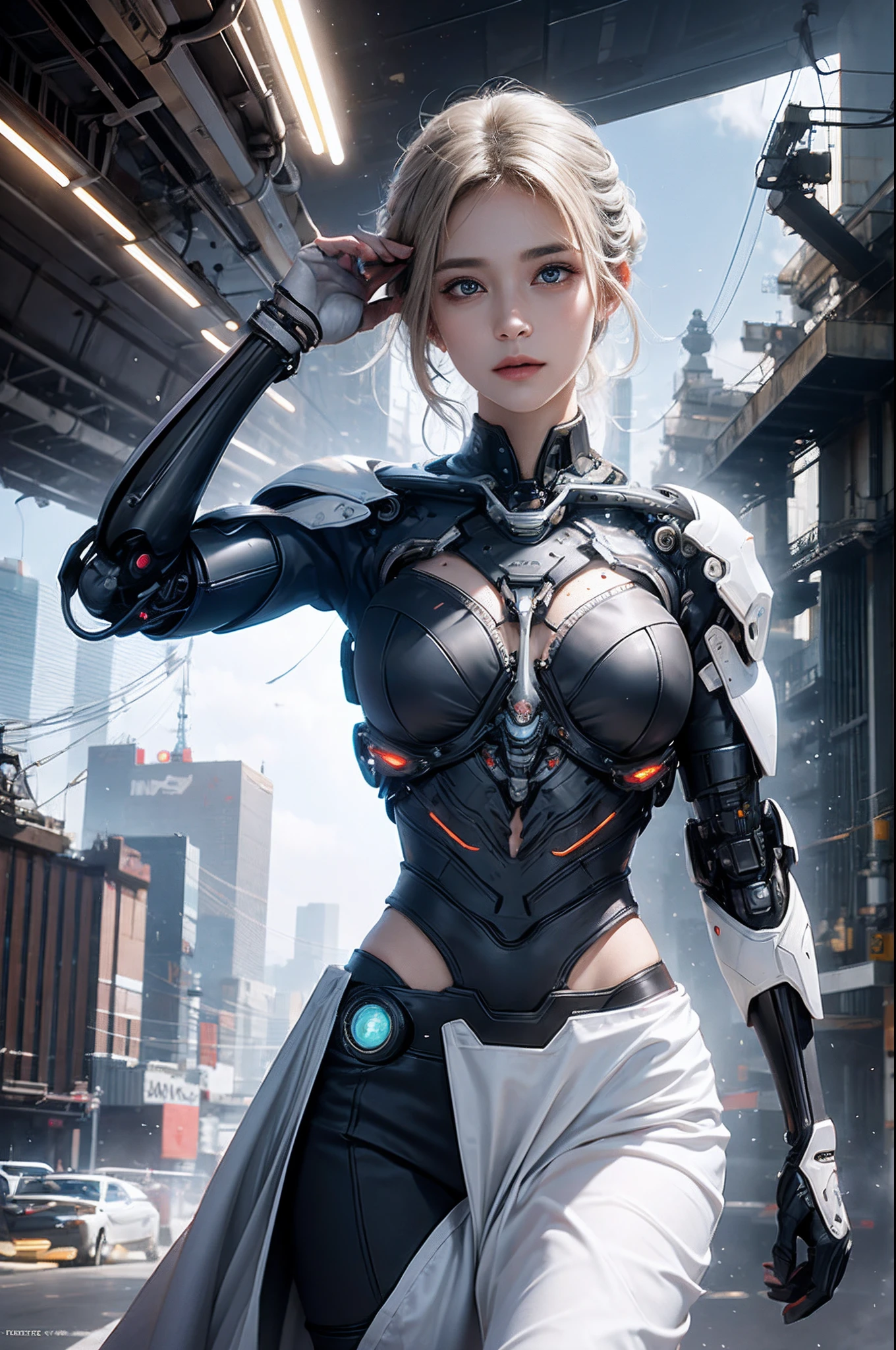 "A mesmerizing and ethereal depiction of a cyborg immersed in a dynamic whirlwind of digital data."