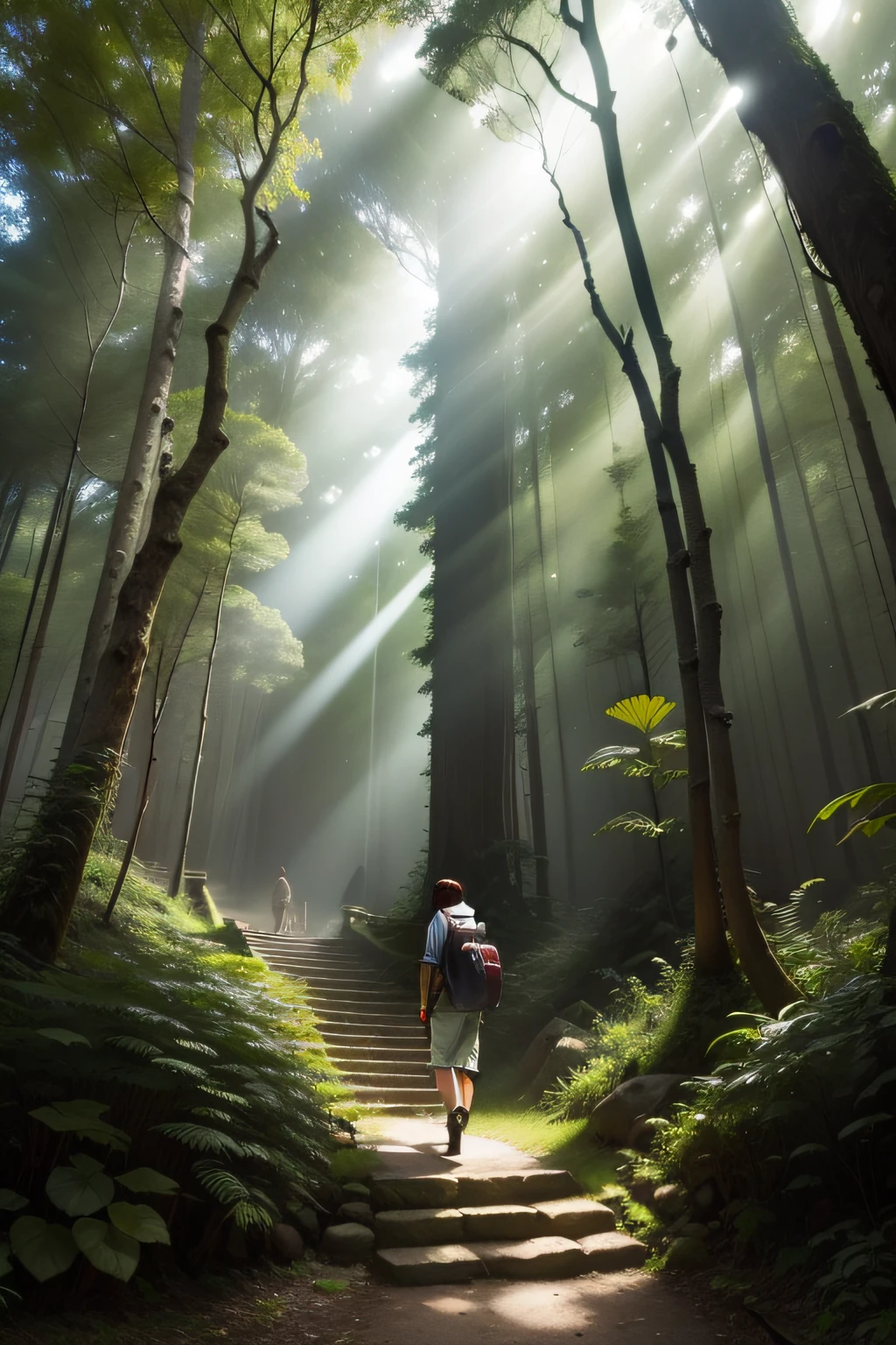 Walk in a fantastic dense forest with rays of sunshine through the intricate vegetation, detalhes extremos, Dramatic presentation