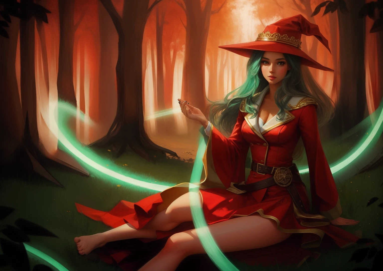 Chica de anime con vestido rojo sentada en un bosque con un sombrero rojo, Pelo verde, hechicera, Una hermosa hechicera, Hermosa hechicera, /!\ La hechicera, Hechicera bonita, Humano :: hechicera, Hermoso mago, Red dress and magic witch hat, classical witch, Mujer hechicera, Bruja Castlevania, Negro - Mago de pelo verde, 2 piernas perfectas