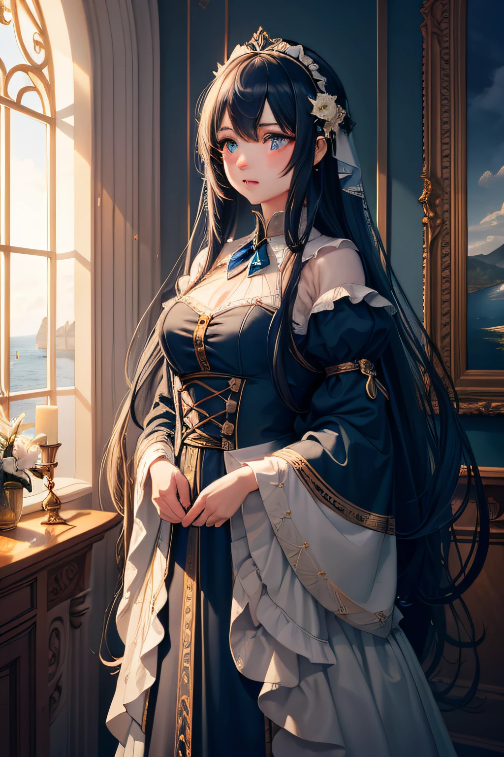 The best quality, high resolution, detailed 4k CG, masterpiece, amazing art, fine details, high details, complex details, blue long hair, girly feeling, big eyes, pure desire, lovely, young and beautiful, immortal,Flying ,, light and shadow, light,Gorgeous clothes,sea