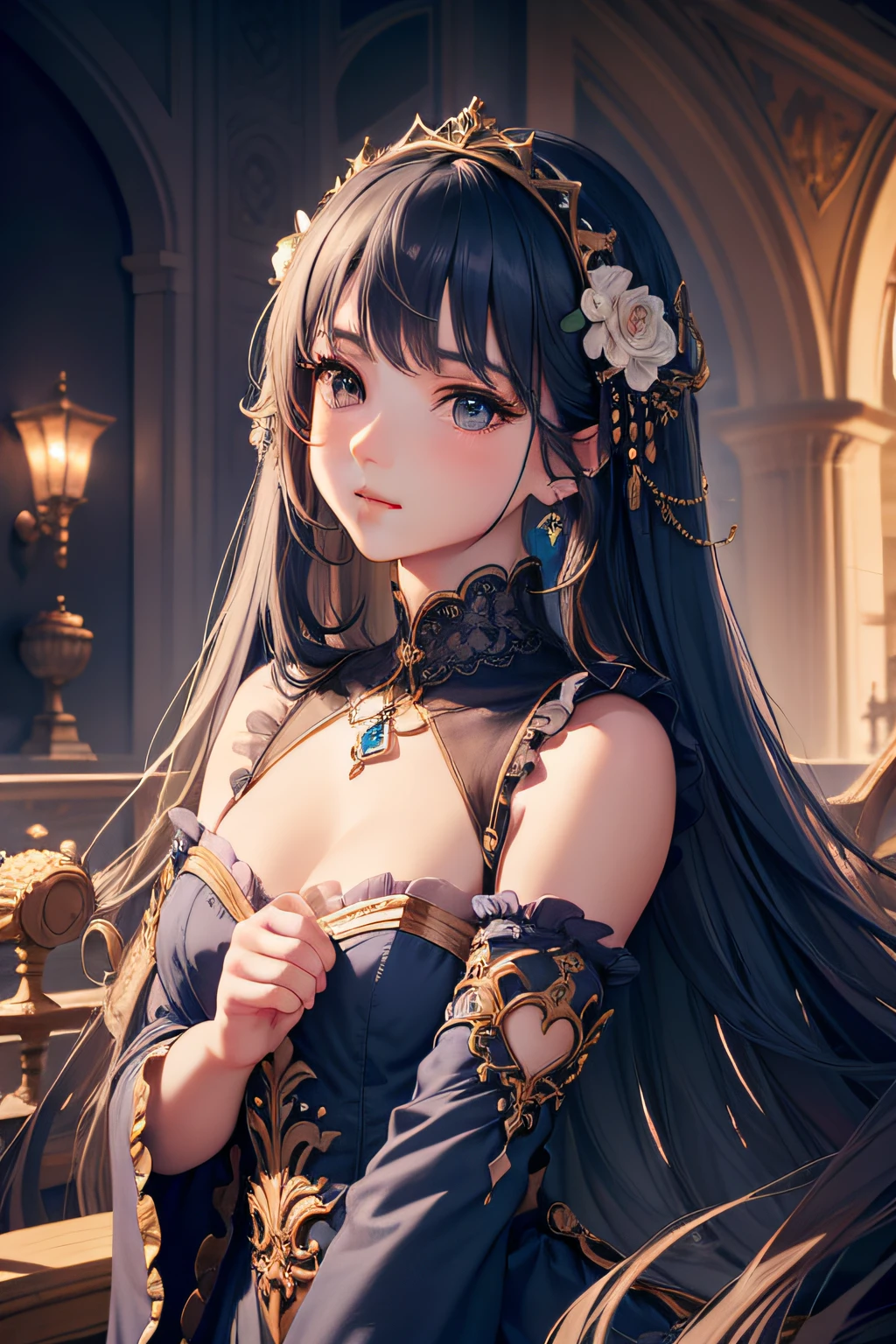 The best quality, high resolution, detailed 4k CG, masterpiece, amazing art, fine details, high details, complex details, blue long hair, girly feeling, big eyes, pure desire, lovely, young and beautiful, immortal,Flying ,, light and shadow, light,Gorgeous clothes,sea